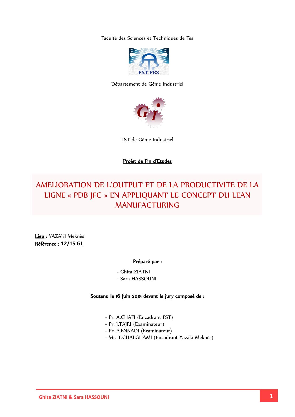 AMELIORATION DE L’OUTPUT ET DE LA PRODUCTIVITE DE LA LIGNE « PDB JFC » EN APPLIQUANT LE CONCEPT DU LEAN MANUFACTURING