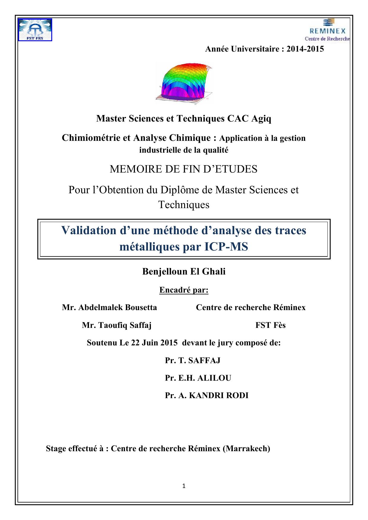 Validation d’une méthode d’analyse des traces métalliques par ICP-MS