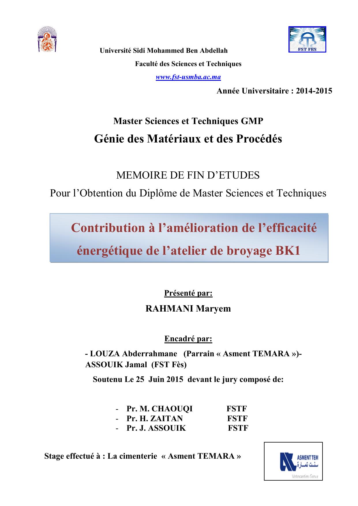 Contribution à l’amélioration de l’efficacité énergétique de l’atelier de broyage BK1