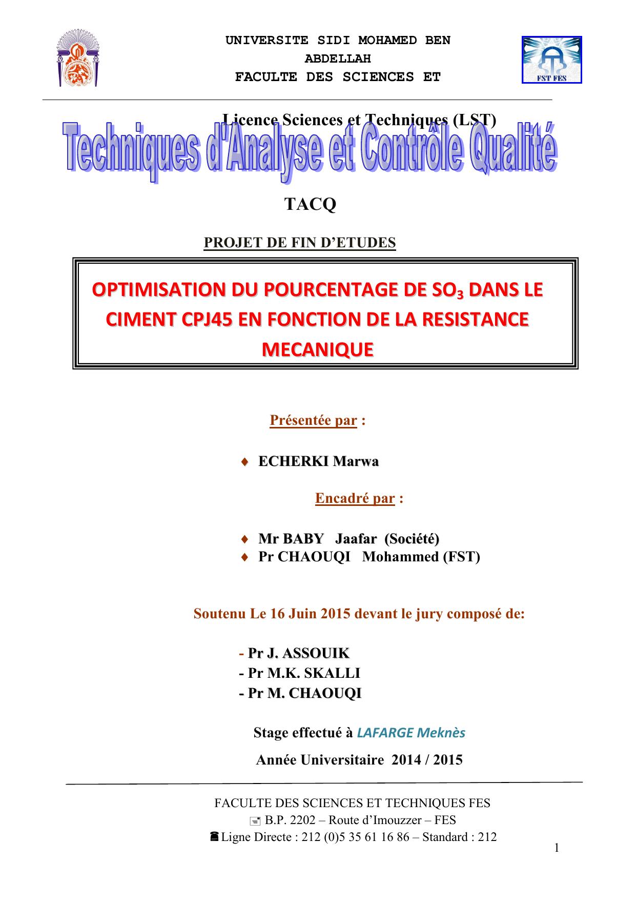 Optimisation du pourcentage de SO3 dans le ciment CP en fonction de la résistance mécaniqueJ