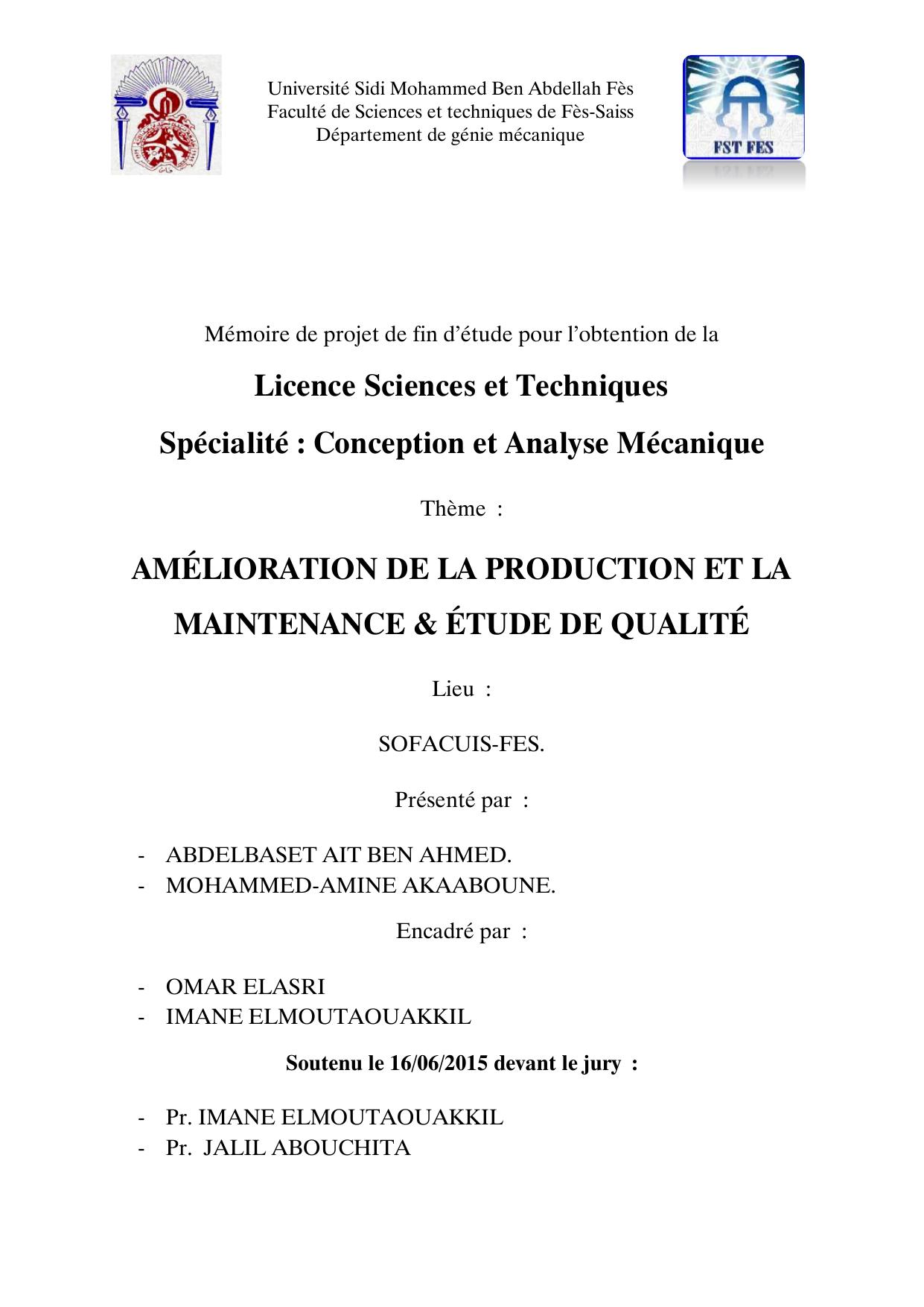 AMÉLIORATION DE LA PRODUCTION ET LA MAINTENANCE & ÉTUDE DE QUALITÉ