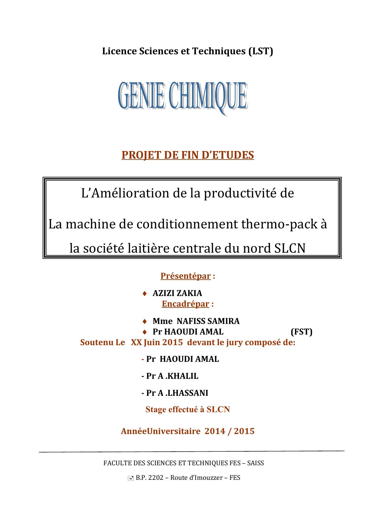 L’Amélioration de la productivité de La machine de conditionnement thermo-pack à la société laitière centrale du nord SLCN