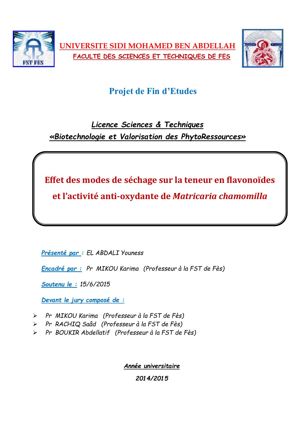 Effet des modes de séchage sur la teneur en flavonoïdes et l’activité anti-oxydante de Matricaria chamomilla