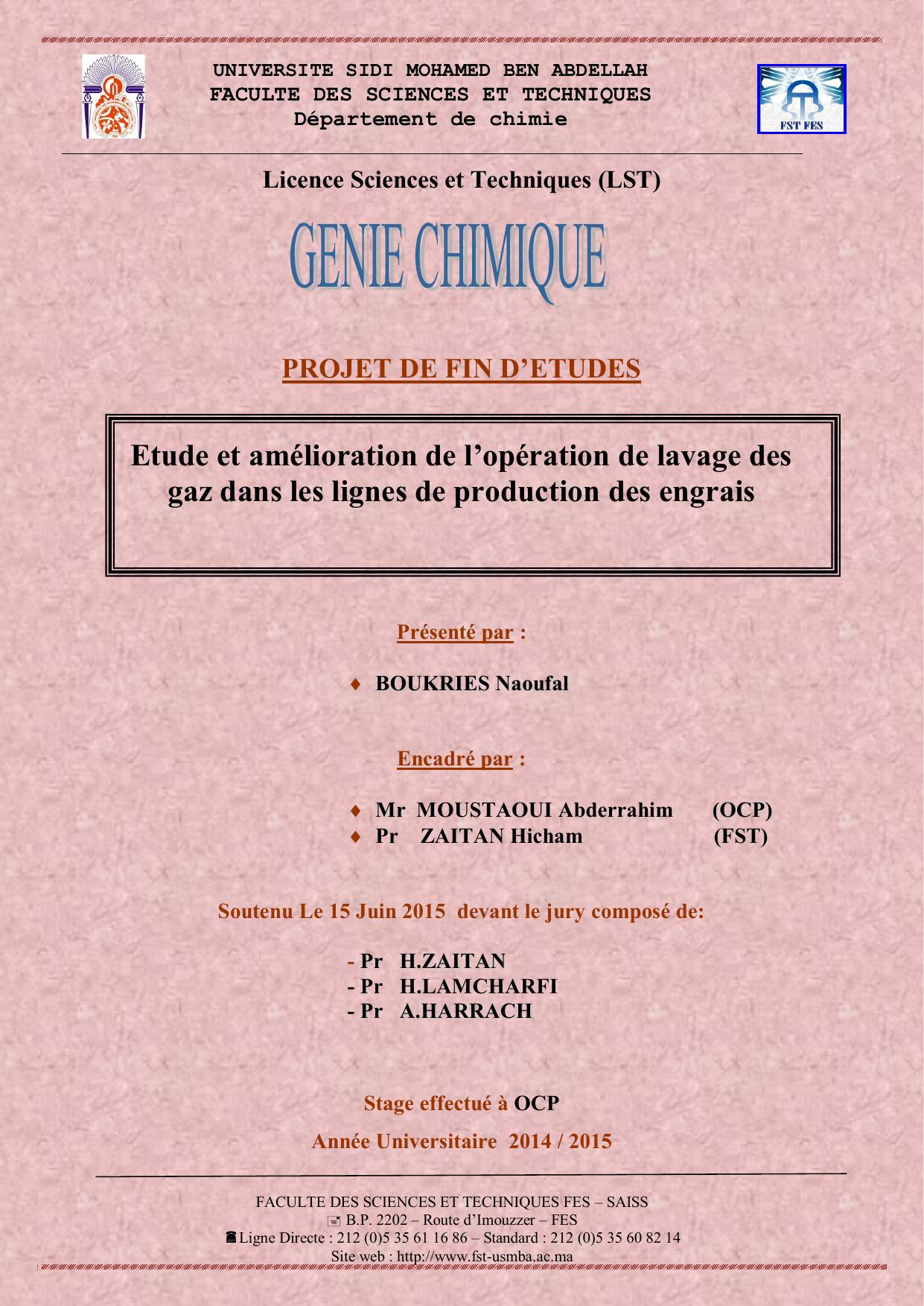 Etude et amélioration de l’opération de lavage des gaz dans les lignes de production des engrais