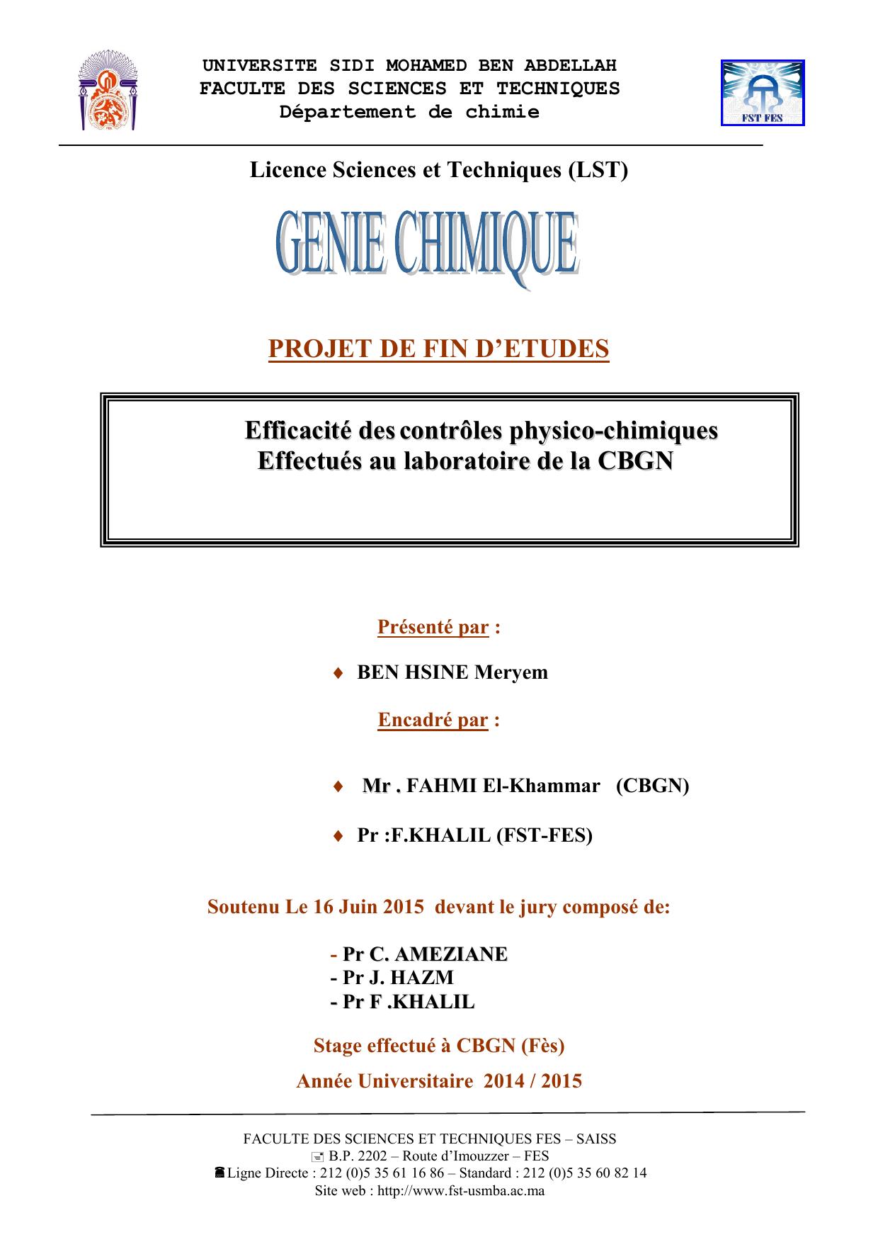 Efficacité des contrôles physico-chimiques Effectués au laboratoire de la CBGN