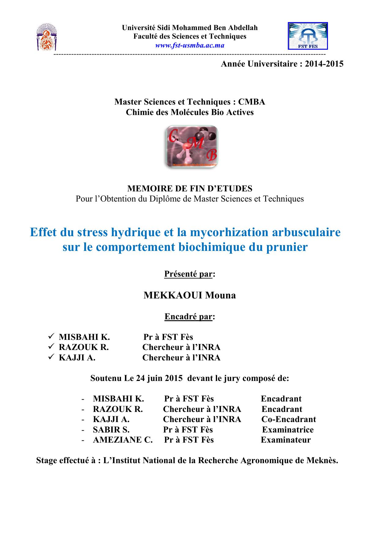 Effet du stress hydrique et la mycorhization arbusculaire sur le comportement biochimique du prunier