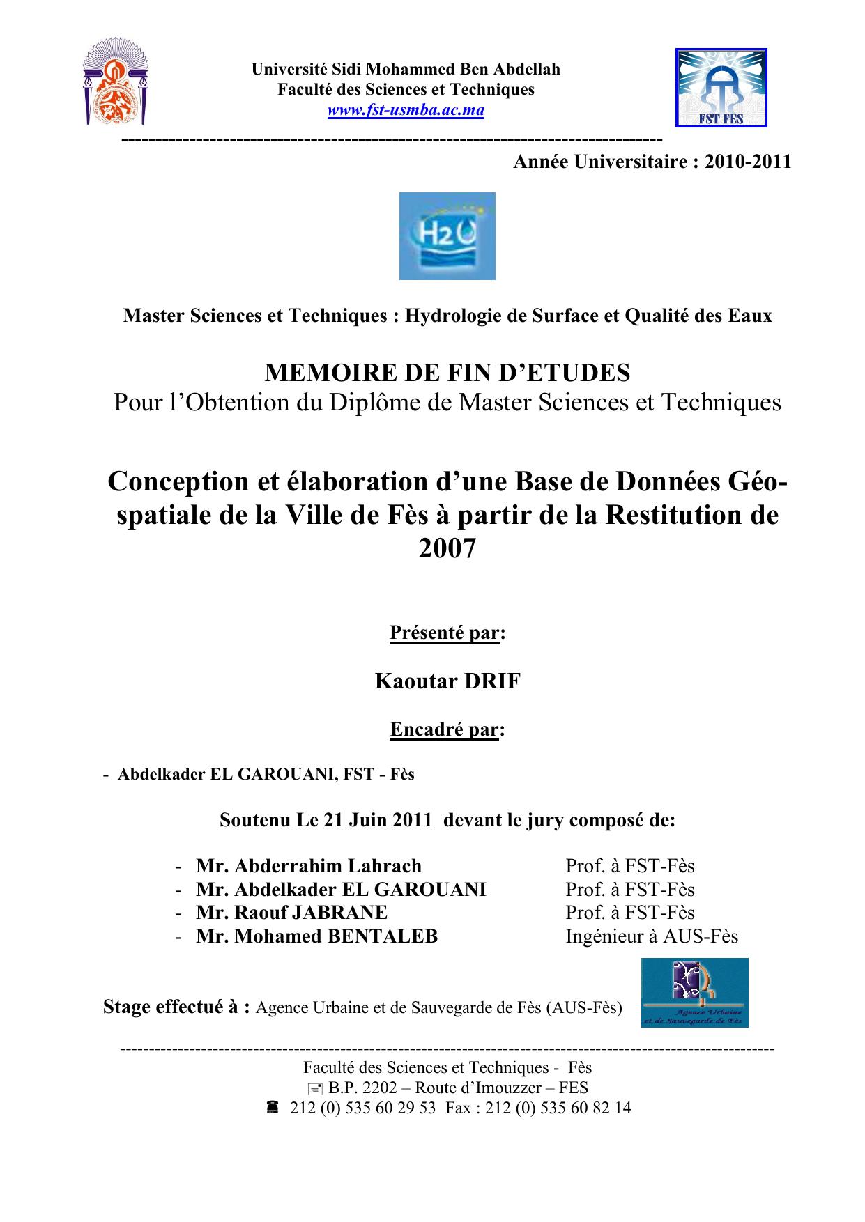 Conception et élaboration d’une Base de Données Géospatiale de la Ville de Fès à partir de la Restitution de 2007