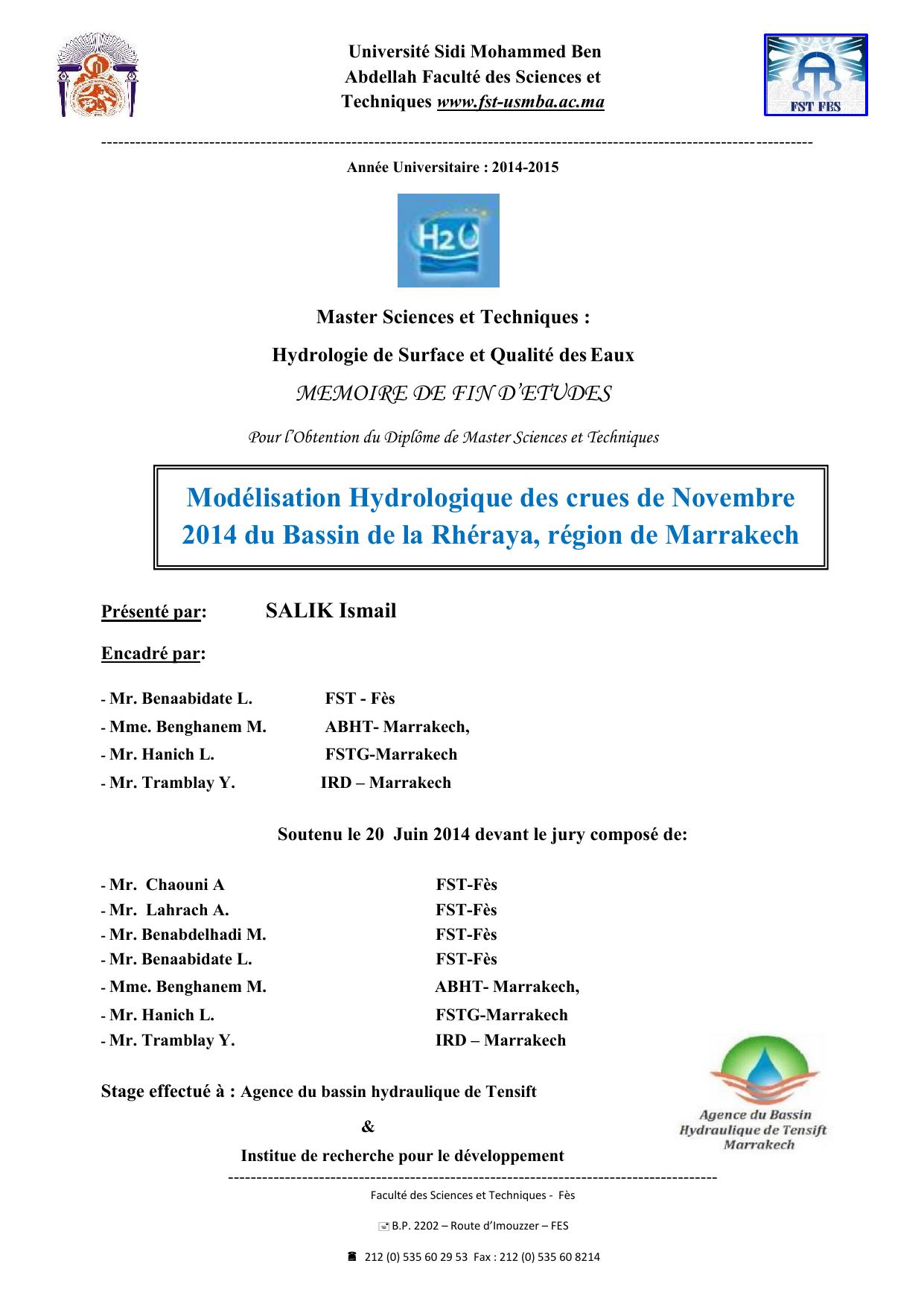 Modélisation Hydrologique des crues de Novembre 2014 du Bassin de la Rhéraya, région de Marrakech