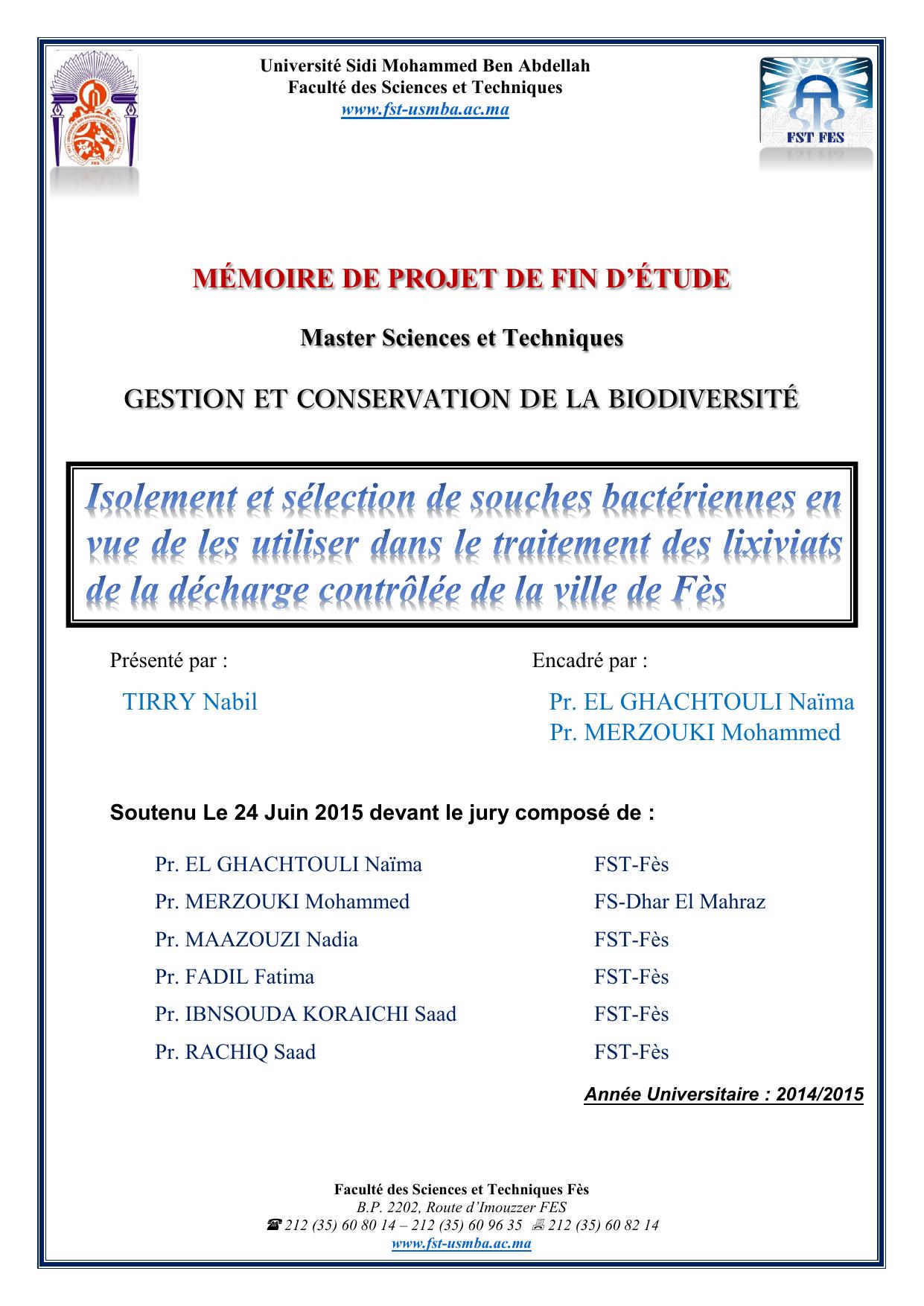 Isolement et sélection de souches bactériennes en vue de les utiliser dans le traitement des lixiviats de la décharge contrôlée de la ville de Fès