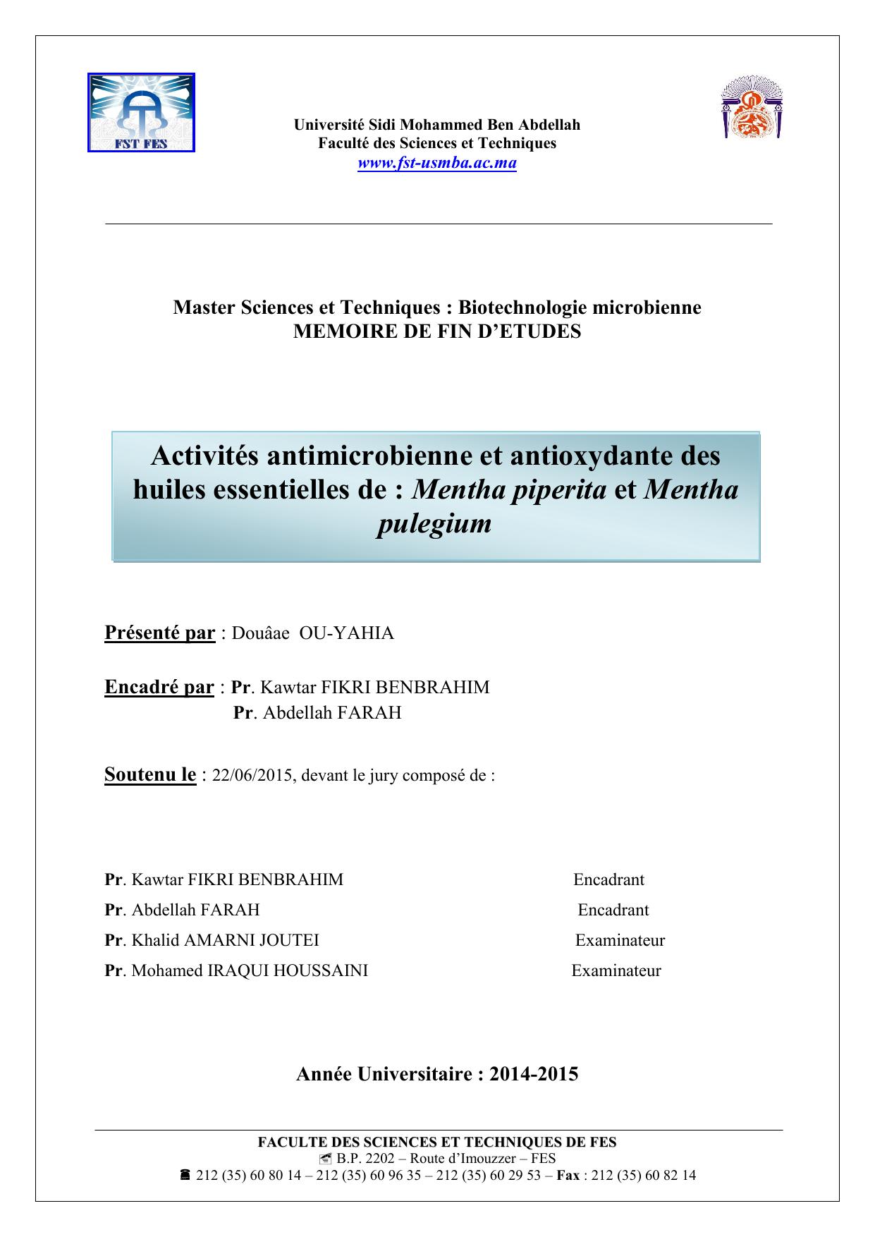 Activités antimicrobienne et antioxydante des huiles essentielles de : Mentha piperita et Mentha pulegium