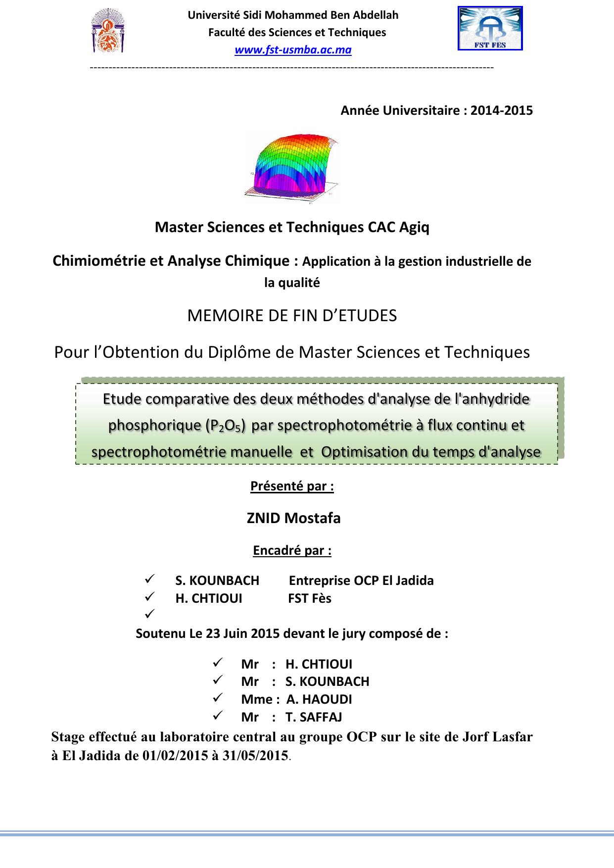 Etude comparative des deux méthodes d'analyse de l'anhydride phosphorique (P2O5) par spectrophotométrie à flux continu et spectrophotométrie manuelle et Optimisation du temps d'analyse