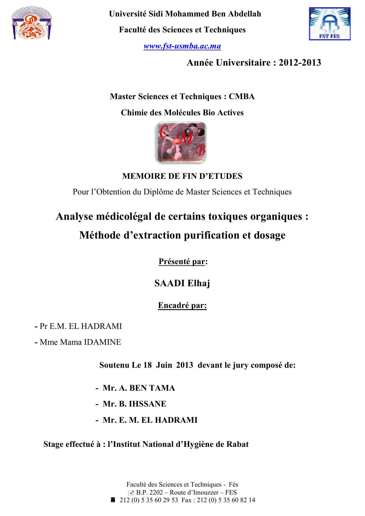 Analyse médicolégal de certains toxiques organiques : Méthode d’extraction purification et dosage