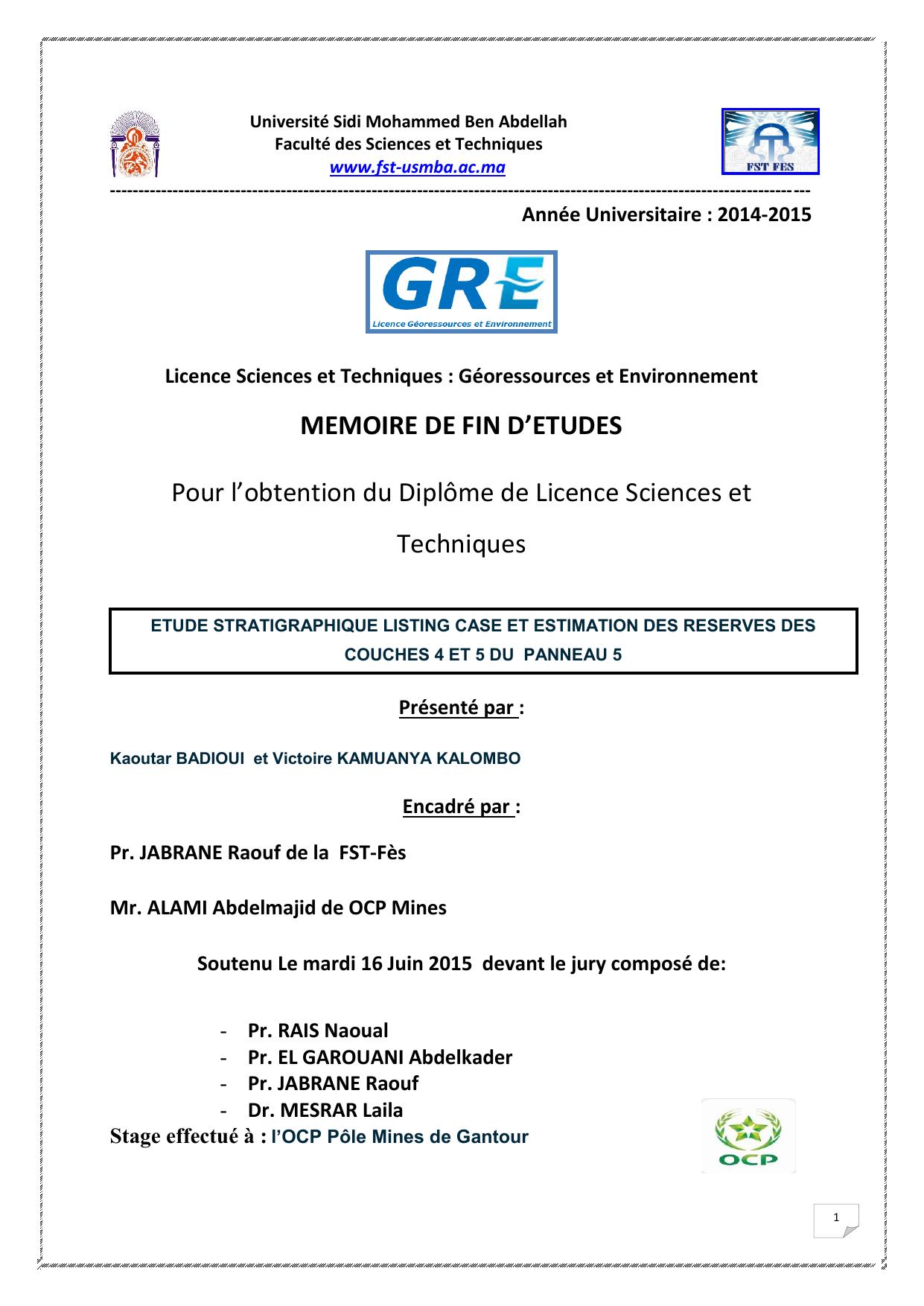 ETUDE STRATIGRAPHIQUE LISTING CASE ET ESTIMATION DES RESERVES DES COUCHES 4 ET 5 DU PANNEAU 5