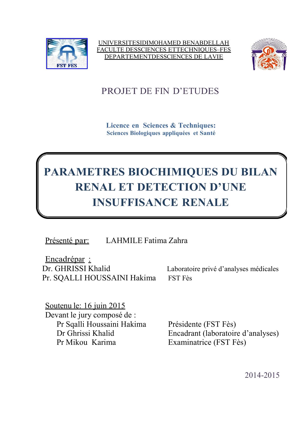 PARAMETRES BIOCHIMIQUES DU BILAN RENAL ET DETECTION D’UNE INSUFFISANCE RENALE