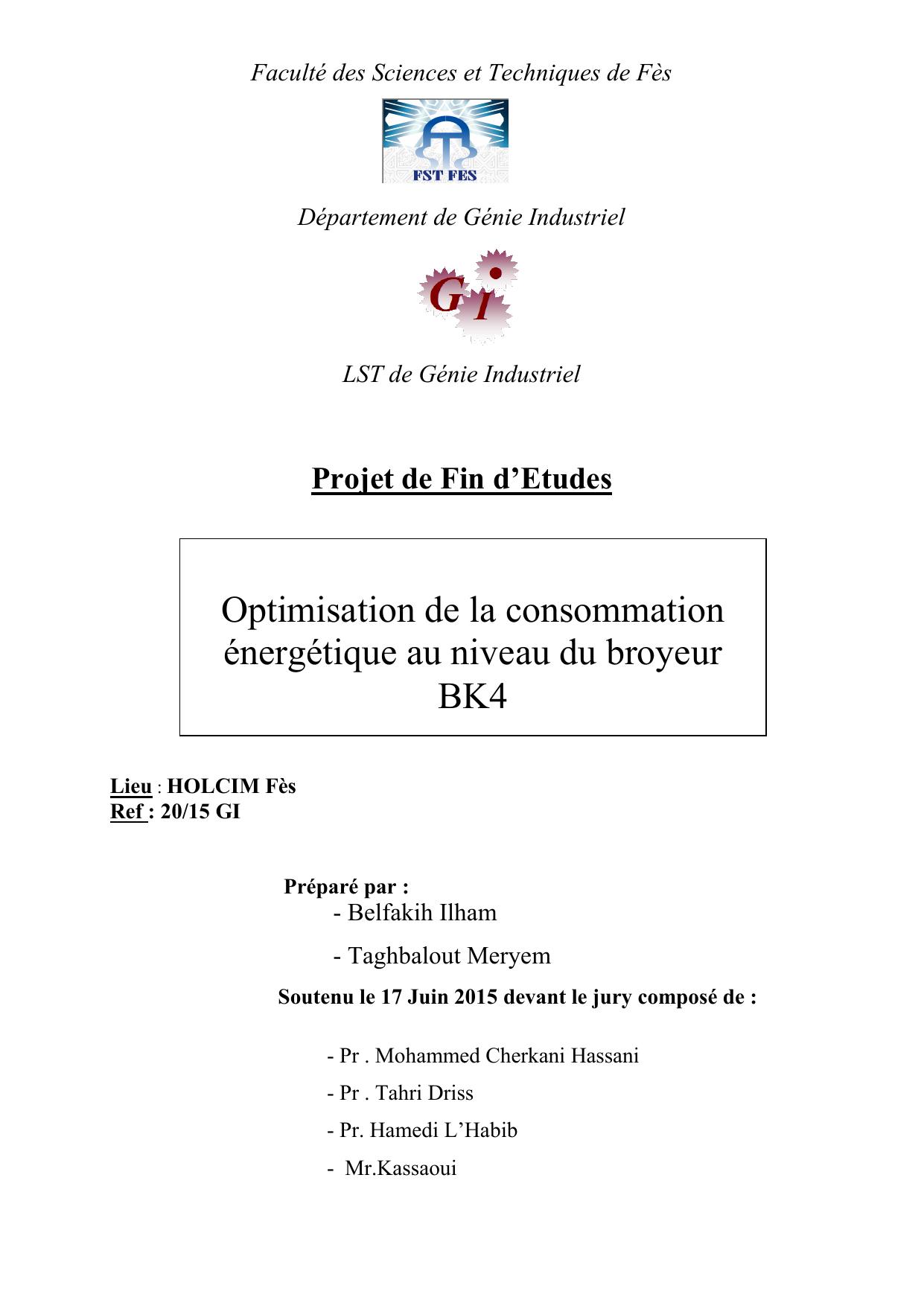 Optimisation de la consommation énergétique au niveau du broyeur BK4