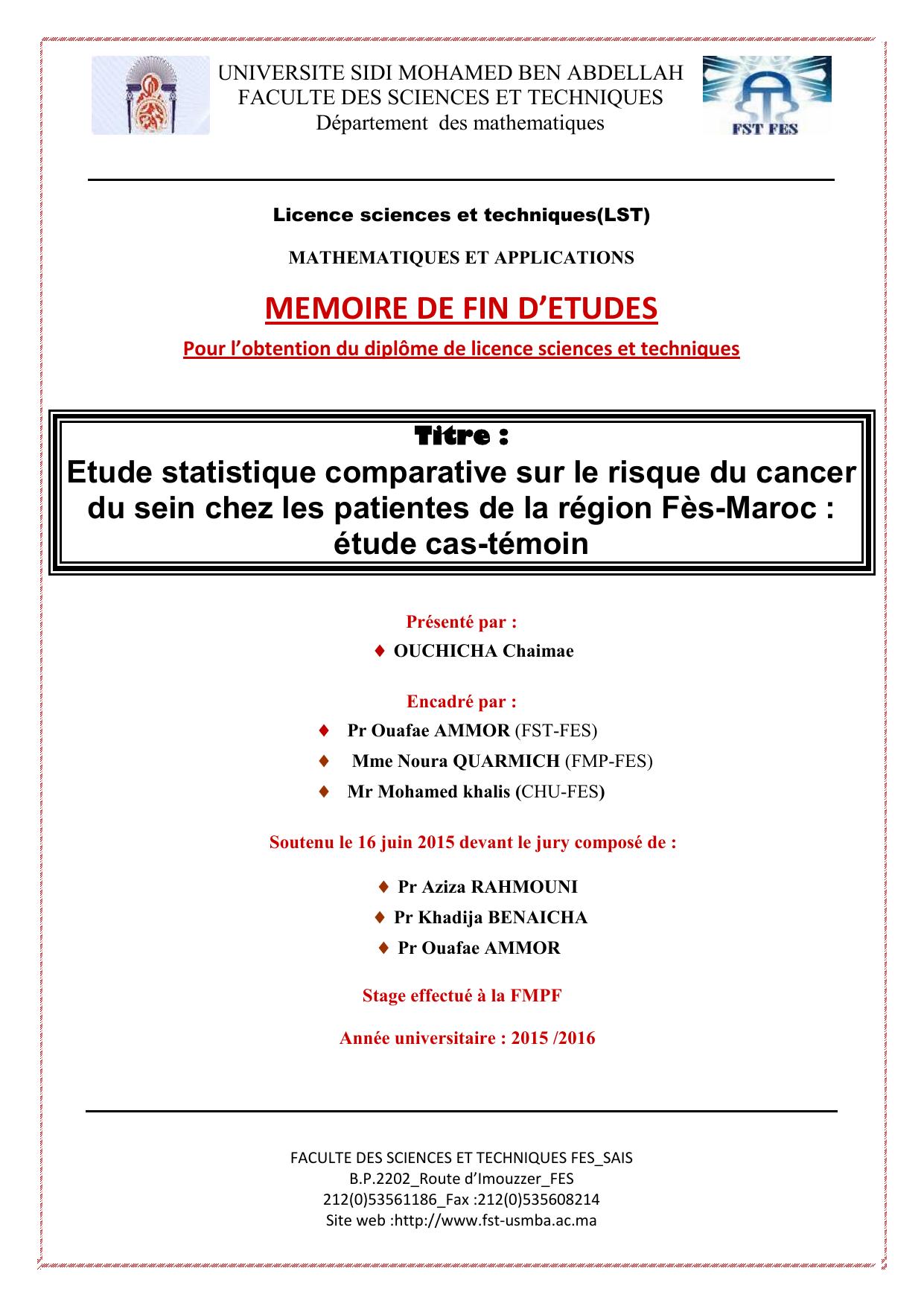Etude statistique comparative sur le risque du cancer du sein chez les patientes de la région Fès-Maroc : étude cas-témoin