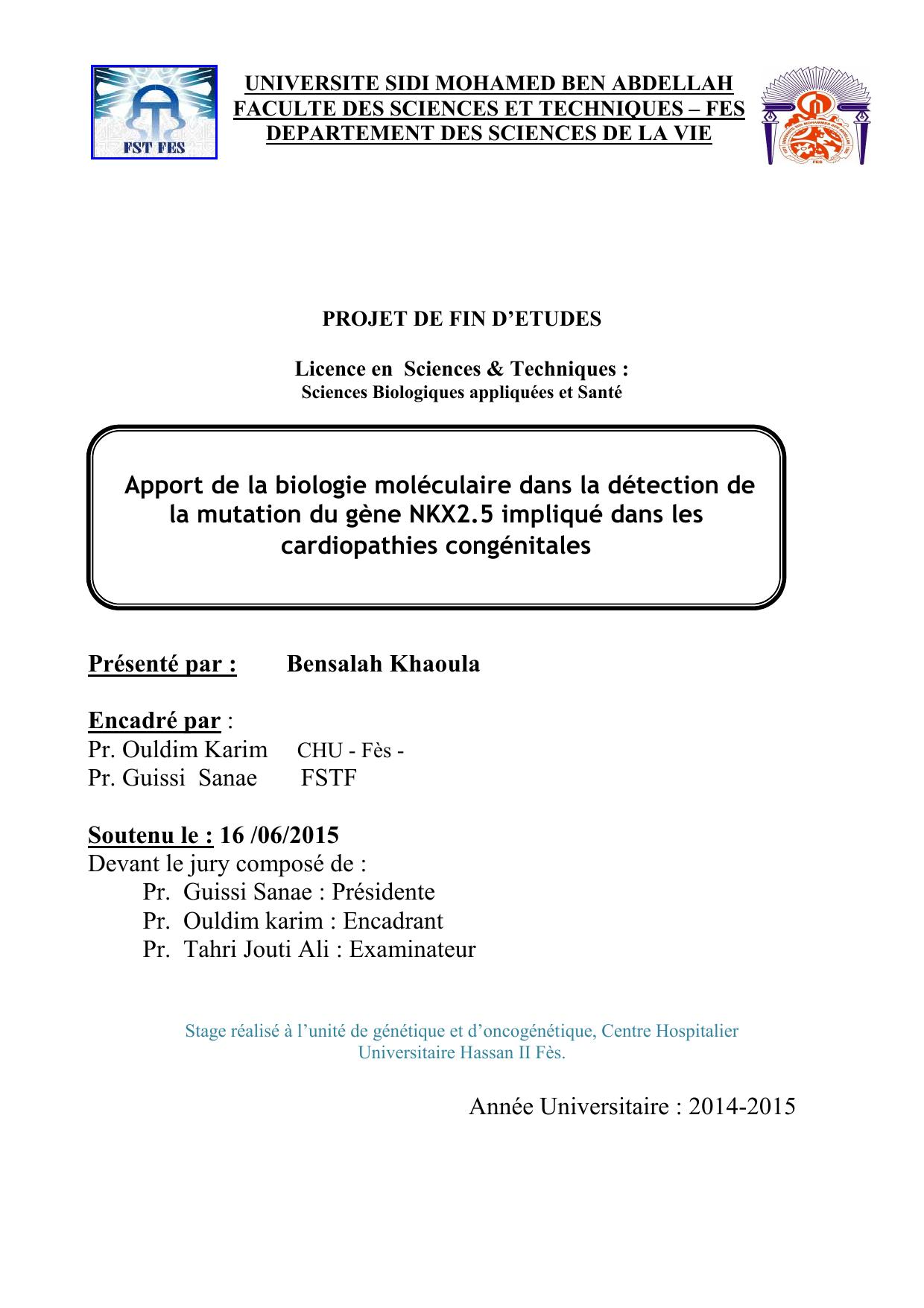 Apport de la biologie moléculaire dans la détection de la mutation du gène NKX2.5 impliqué dans les cardiopathies congénitales