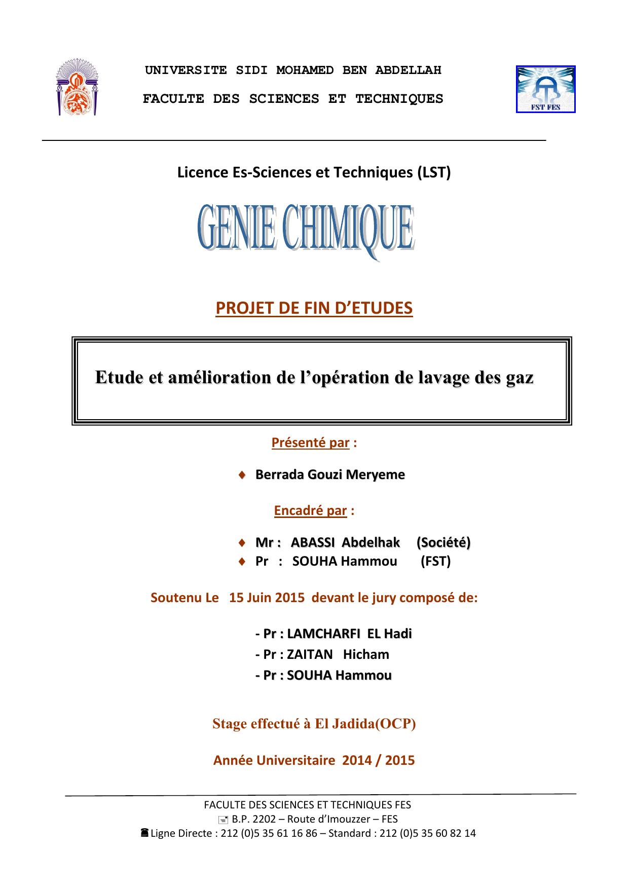 Etude et amélioration de l’opération de lavage des gaz