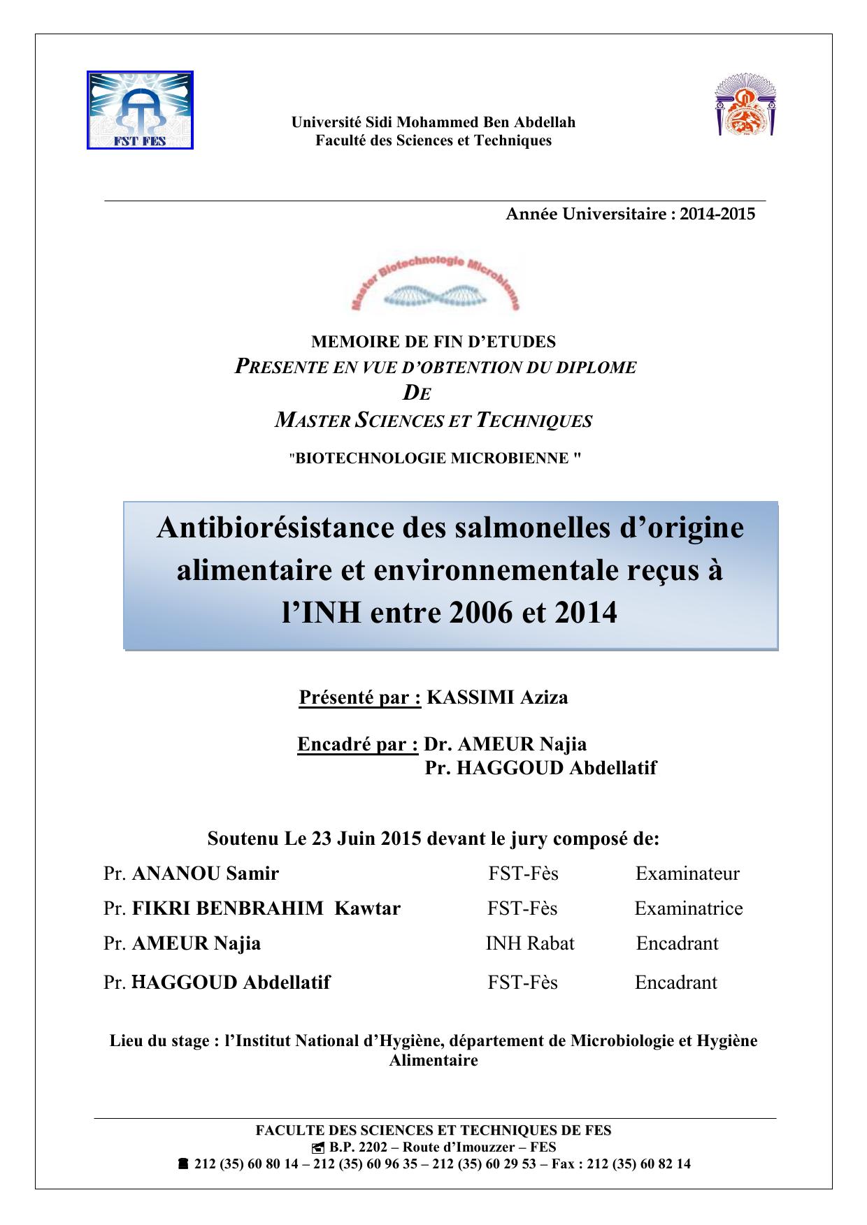 Amélioration des salmonelles d'origine alimentaires et environnementales reçues à l'INH entre 2006 et 2014