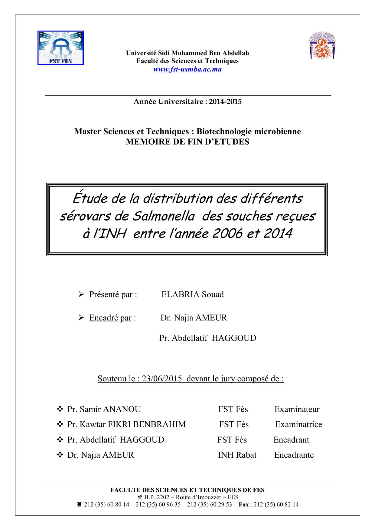 Étude de la distribution des différents sérovars de Salmonella des souches reçues à l’INH entre l’année 2006 et 2014