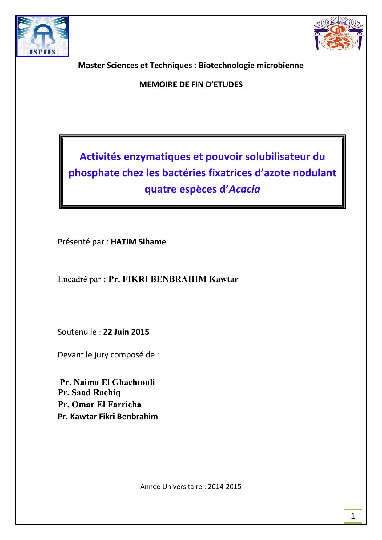 Activités enzymatiques et pouvoir solubilisateur du phosphate chez les bactéries fixatrices d’azote nodulant quatre espèces d’Acacia