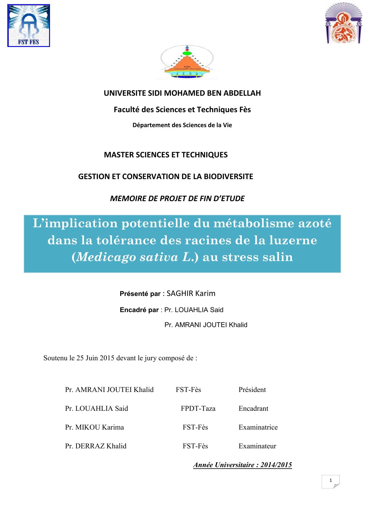 L’implication potentielle du métabolisme azoté dans la tolérance des racines de la luzerne (Medicago sativa L.) au stress salin