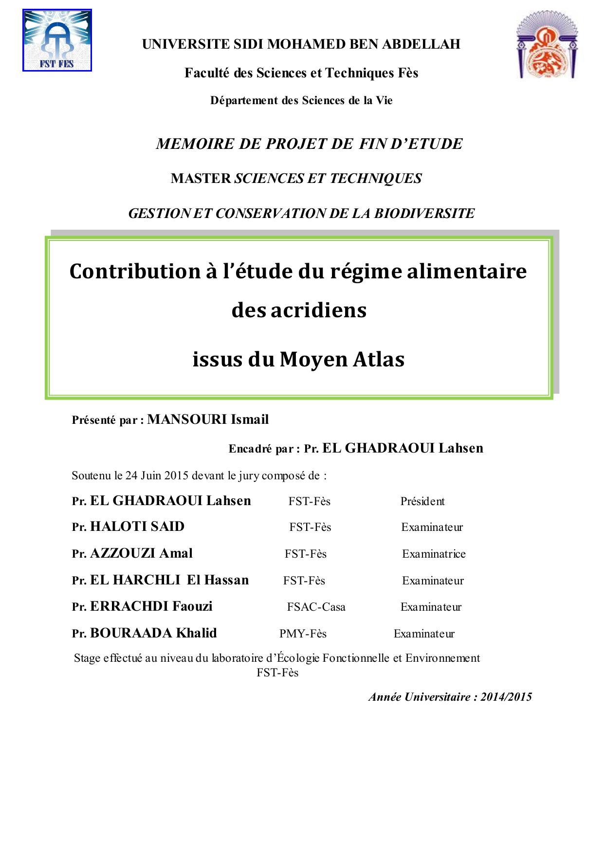 Contribution à l’étude du régime alimentaire des acridiens issus du Moyen Atlas