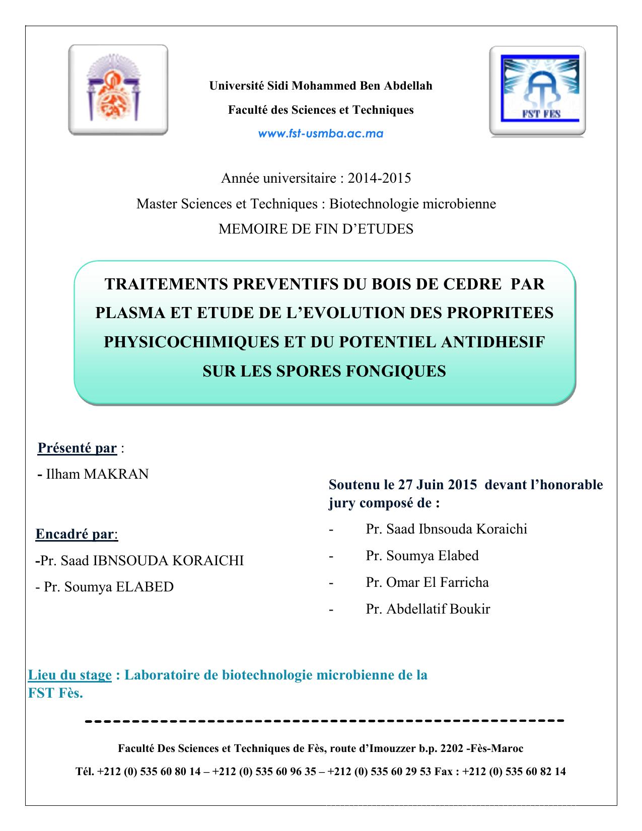 TRAITEMENTS PREVENTIFS DU BOIS DE CEDRE PAR PLASMA ET ETUDE DE L’EVOLUTION DES PROPRITEES PHYSICOCHIMIQUES ET DU POTENTIEL ANTIDHESIF SUR LES SPORES FONGIQUES