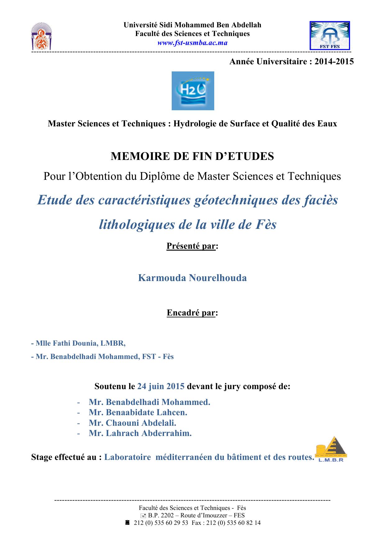 Etude des caractéristiques géotechniques des faciès lithologiques de la ville de Fès