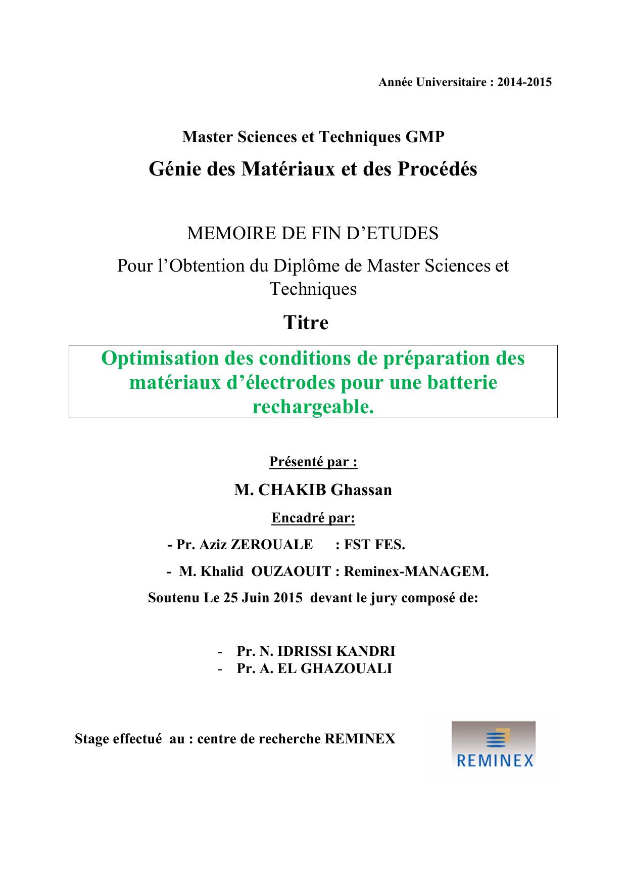 Optimisation des conditions de préparation des matériaux d’électrodes pour une batterie rechargeable