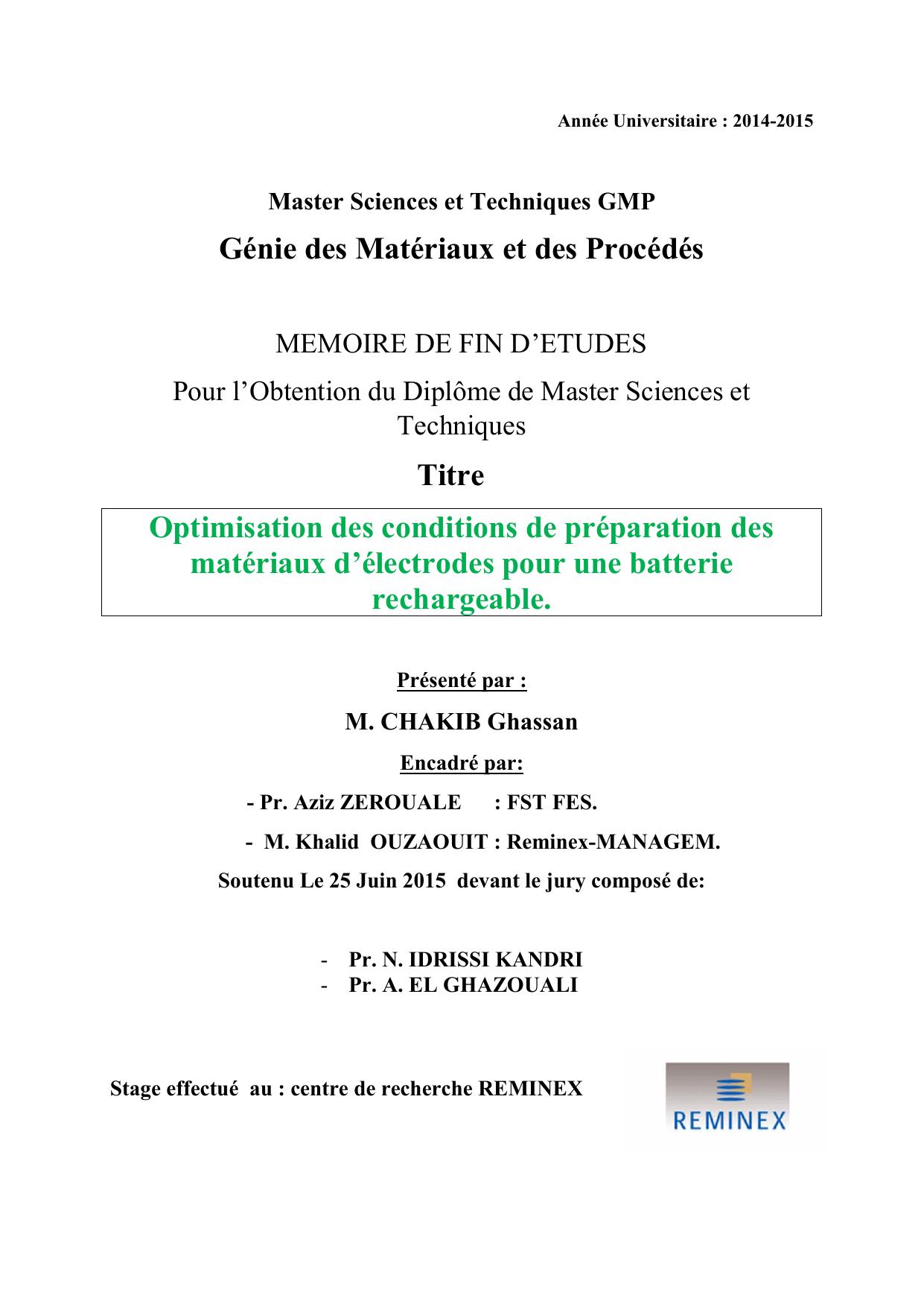 Optimisation des conditions de préparation des matériaux d’électrodes pour une batterie rechargeable