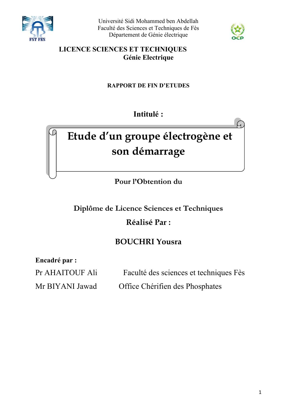 Etude d’un groupe électrogène et son démarrage