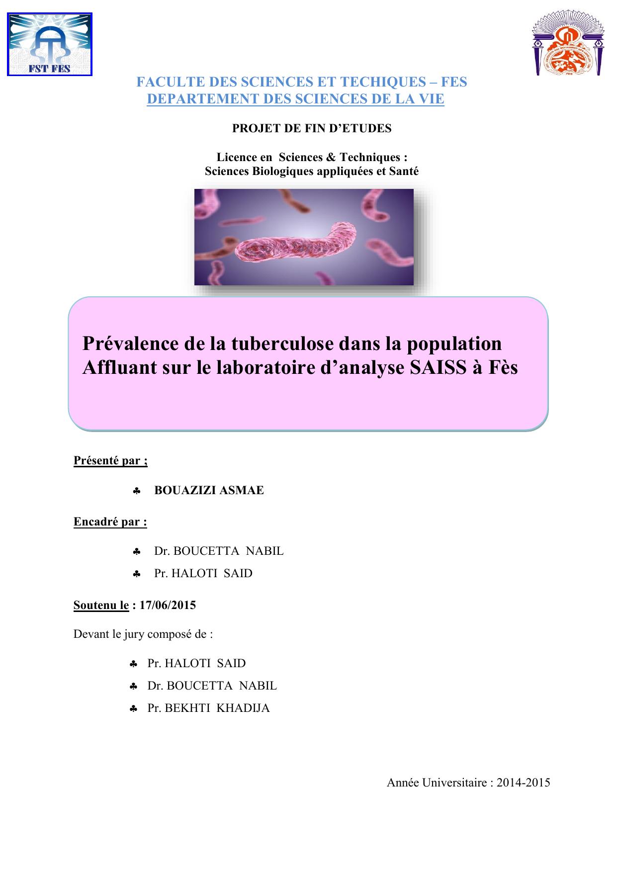 Prévalence de la tuberculose dans la population Affluant sur le laboratoire d’analyse SAISS à Fès