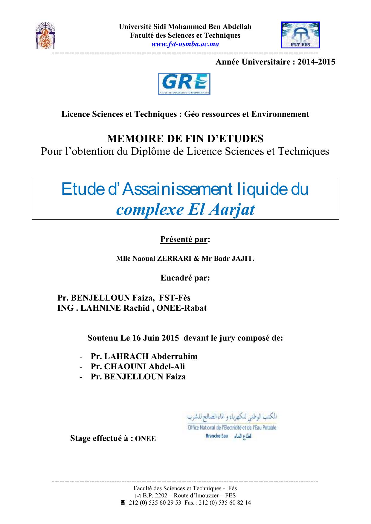 Etude d’Assainissement liquide du complexe El Aarjat