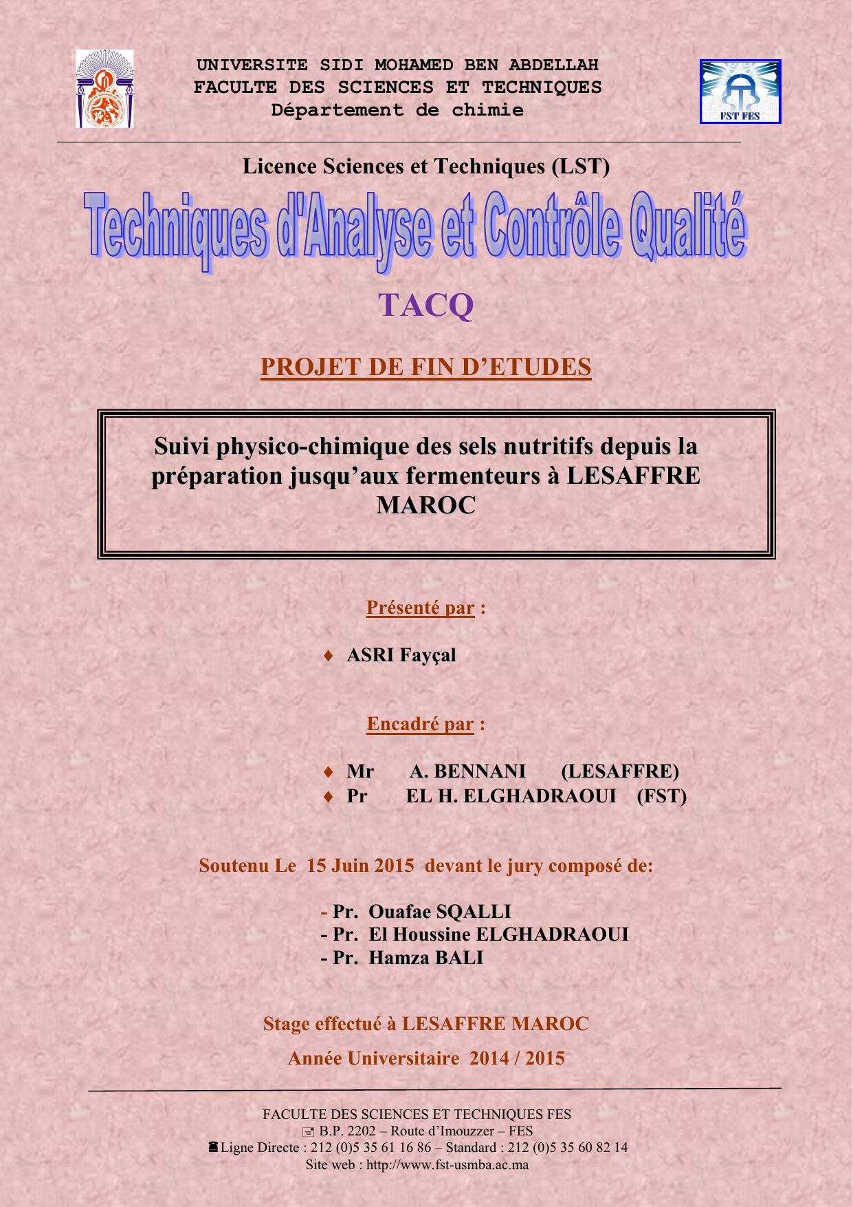 Suiivii physiico-chiimiique des sells nutriitiifs depuiis lla préparatiion jusqu’aux fermenteurs à LESAFFRE MAROC