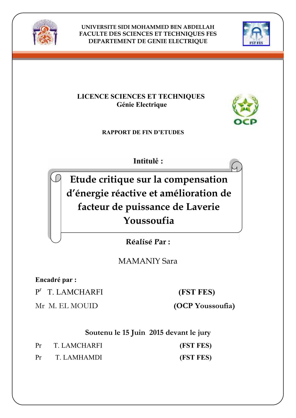 Etude critique sur la compensation d’énergie réactive et amélioration de facteur de puissance de Laverie Youssoufia
