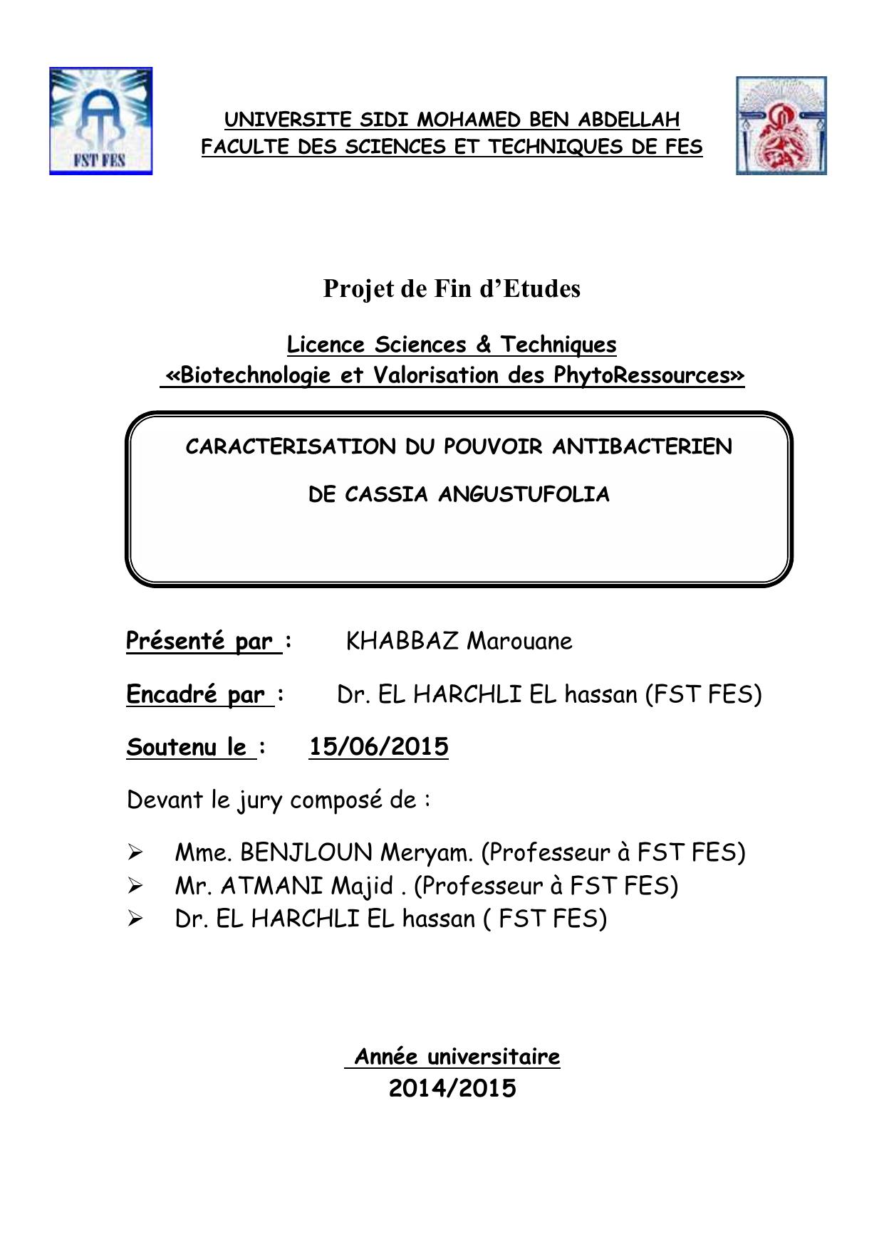 CARACTERISATION DU POUVOIR ANTIBACTERIEN DE CASSIA ANGUSTUFOLIA