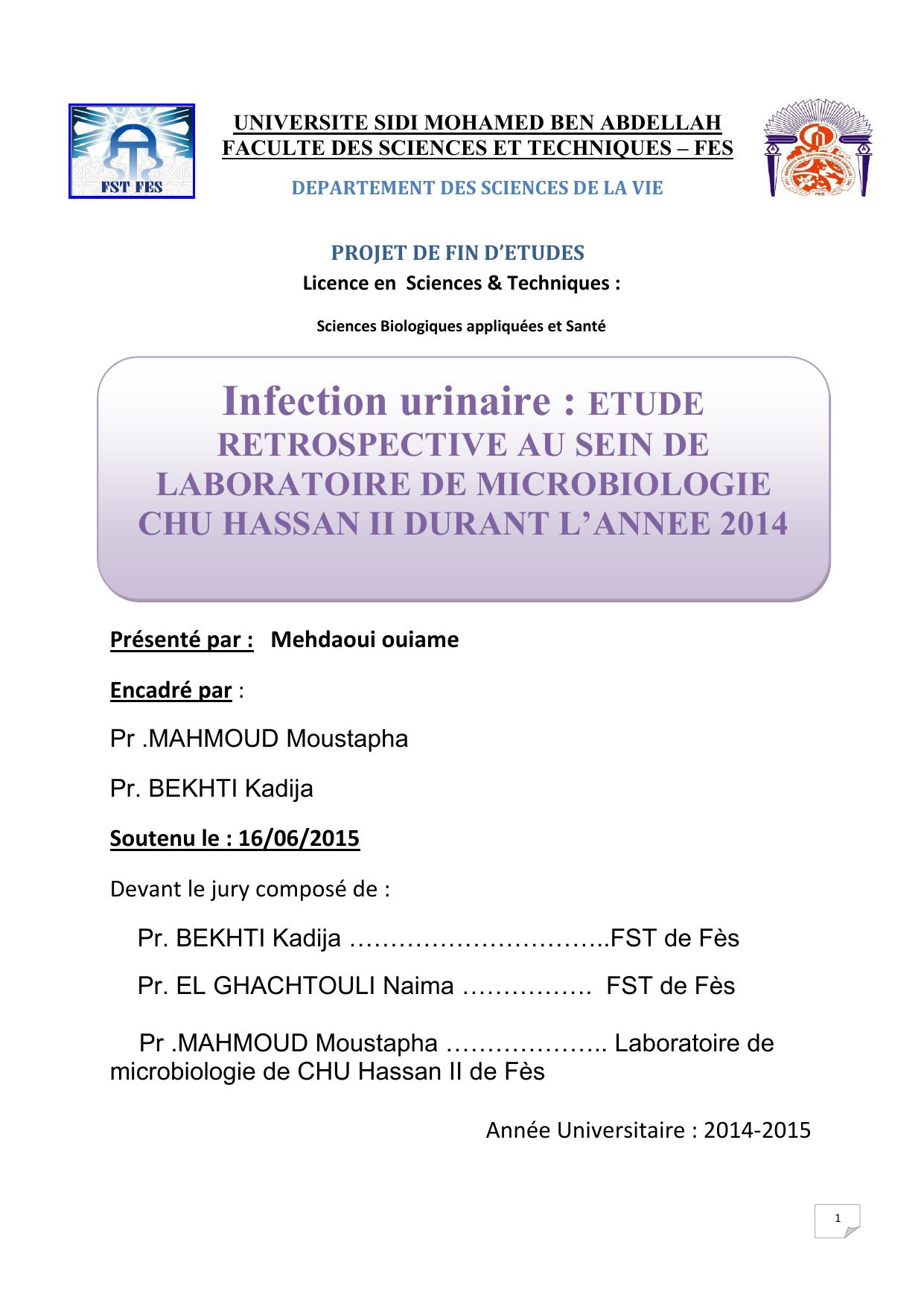 Infection urinaire: Etude rétrospective au sein de laboratoire de microbiologie CHU Hassan II durant l'année 2014