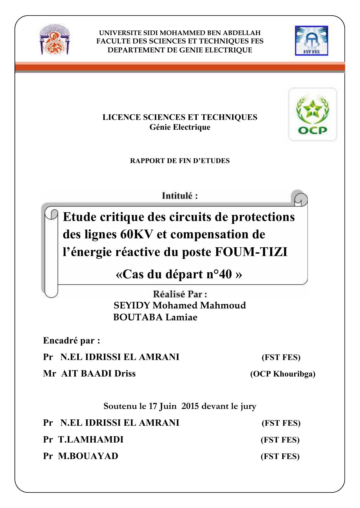 Etude critique des circuits de protections des lignes 60KV et compensation de l’énergie réactive du poste FOUM-TIZI «Cas du départ n°40 »