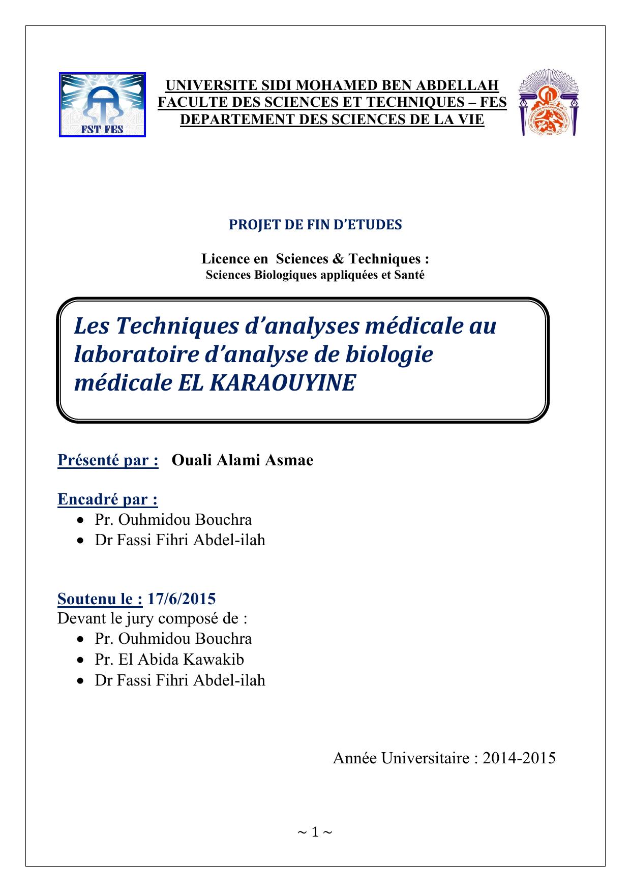 Les Techniques d’analyses médicale au laboratoire d’analyse de biologie médicale EL KARAOUYINE