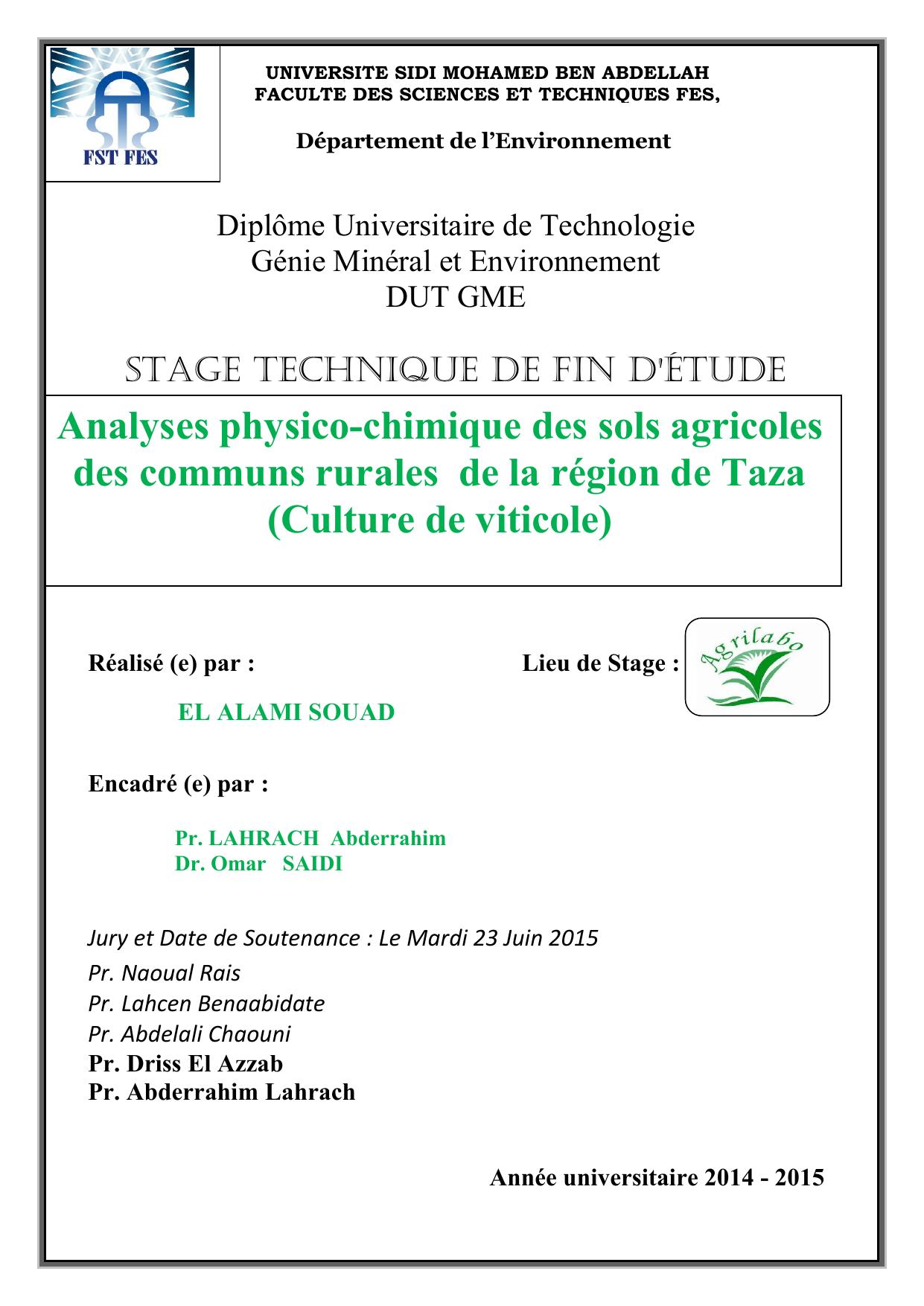 Analyses physico-chimique des sols agricoles des communs rurales de la région de Taza (Culture de viticole)