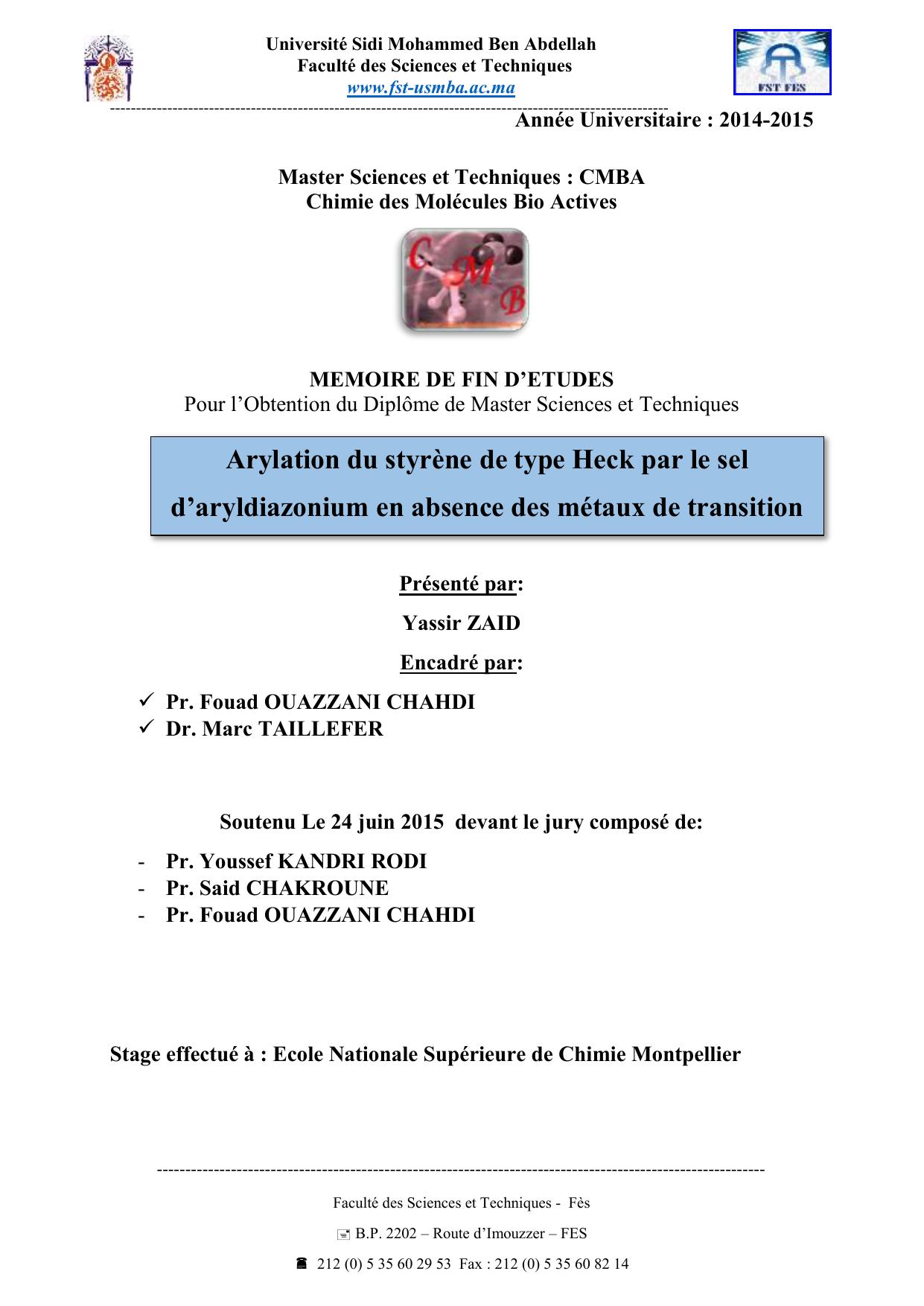 Arylation du styrène de type Heck par le sel d’aryldiazonium en absence des métaux de transition