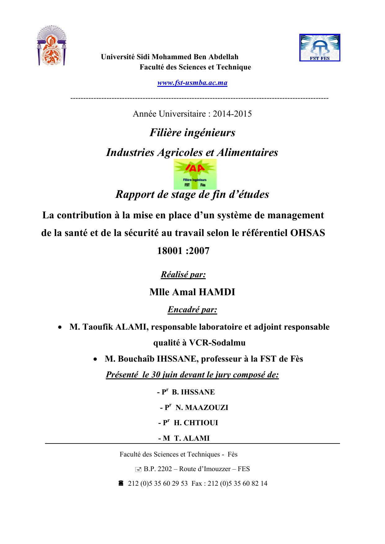 La contribution à la mise en place d’un système de management de la santé et de la sécurité au travail selon le référentiel OHSAS 18001 :2007