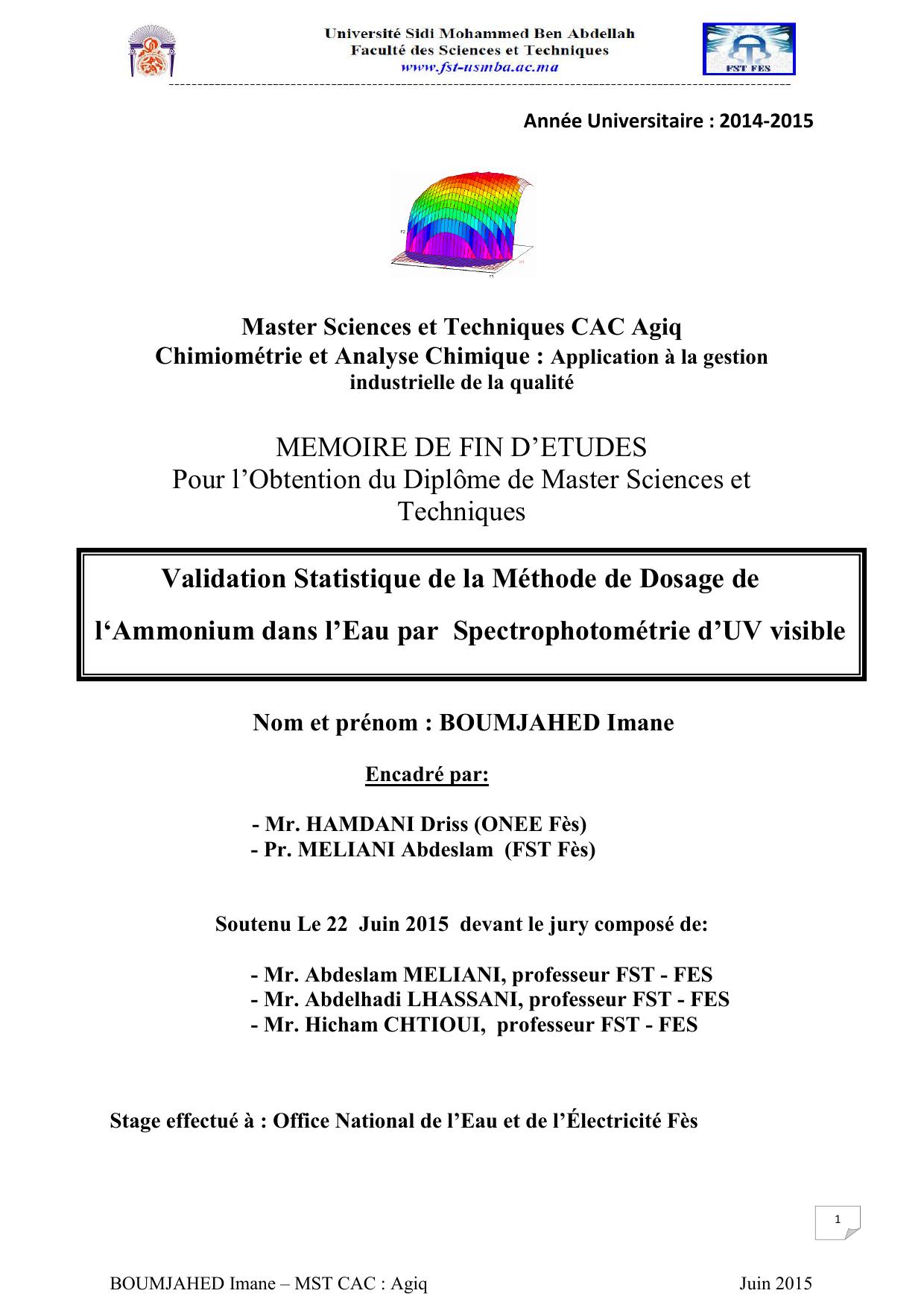 Validation Statistique de la Méthode de Dosage de l‘Ammonium dans l’Eau par Spectrophotométrie d’UV visible