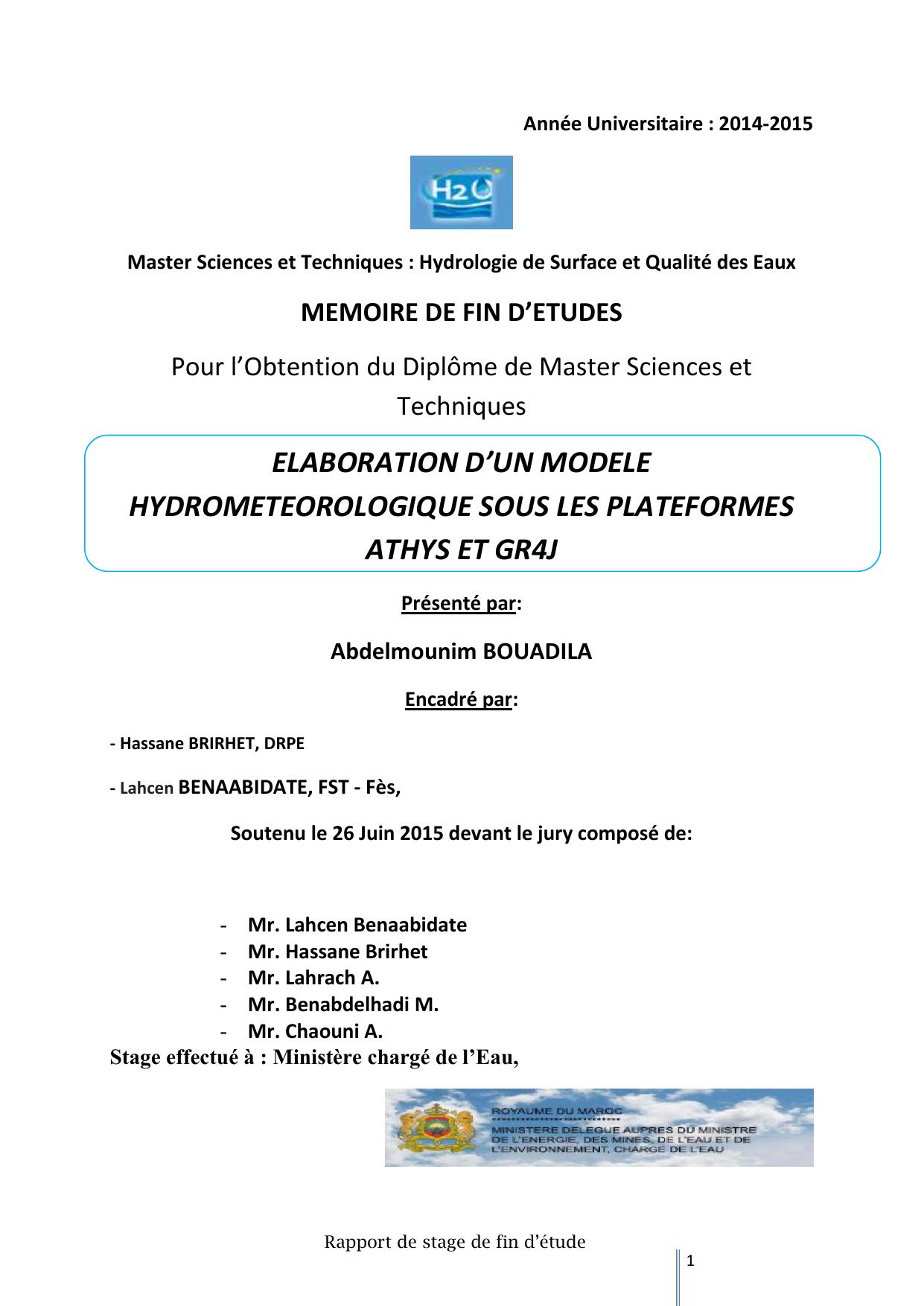 ELABORATION D’UN MODELE HYDROMETEOROLOGIQUE SOUS LES PLATEFORME ATHYS ET GR4J