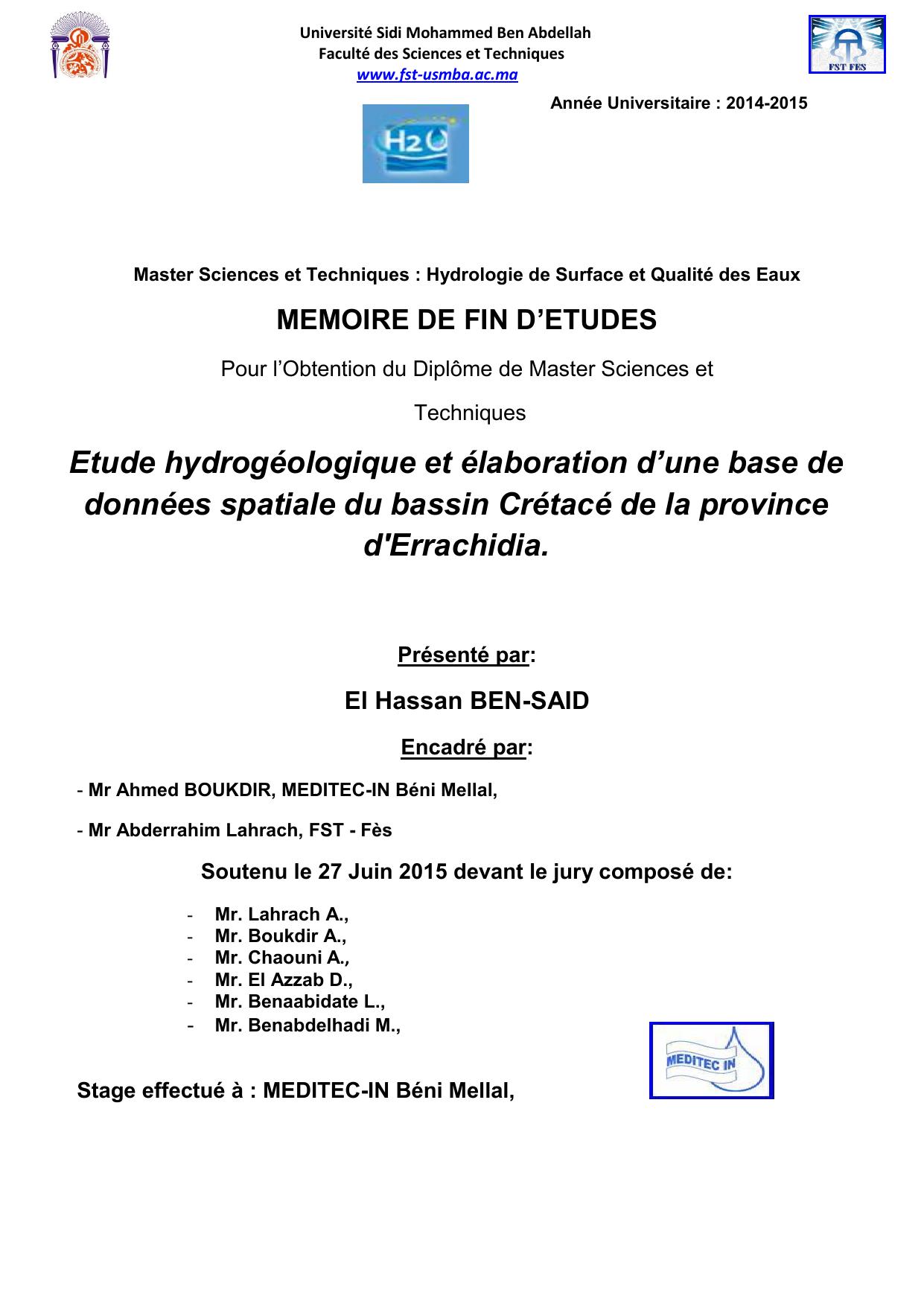 Etude hydrogéologique et élaboration d’une base de données spatiale du bassin Crétacé de la province d'Errachidia