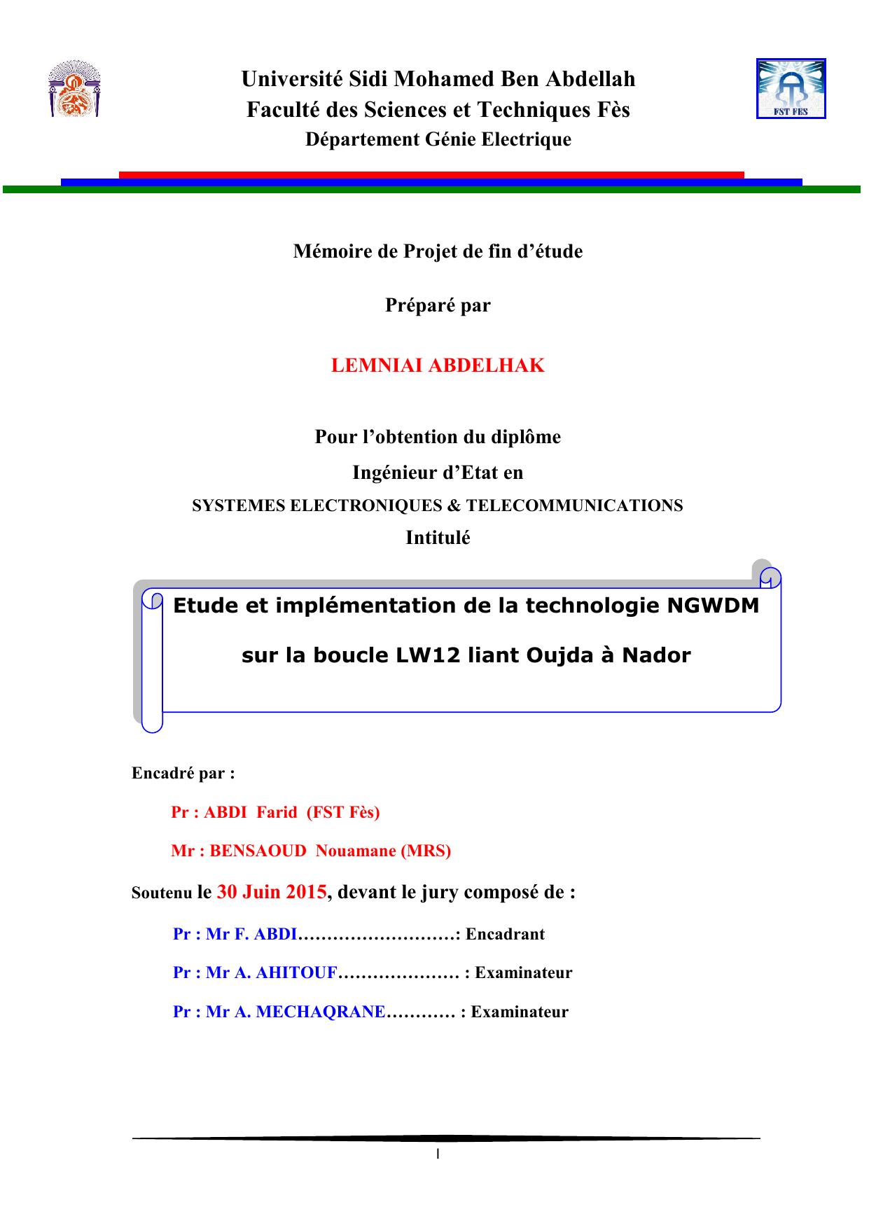 Etude et implémentation de la technologie NGWDM sur la boucle LW12 liant Oujda à Nador