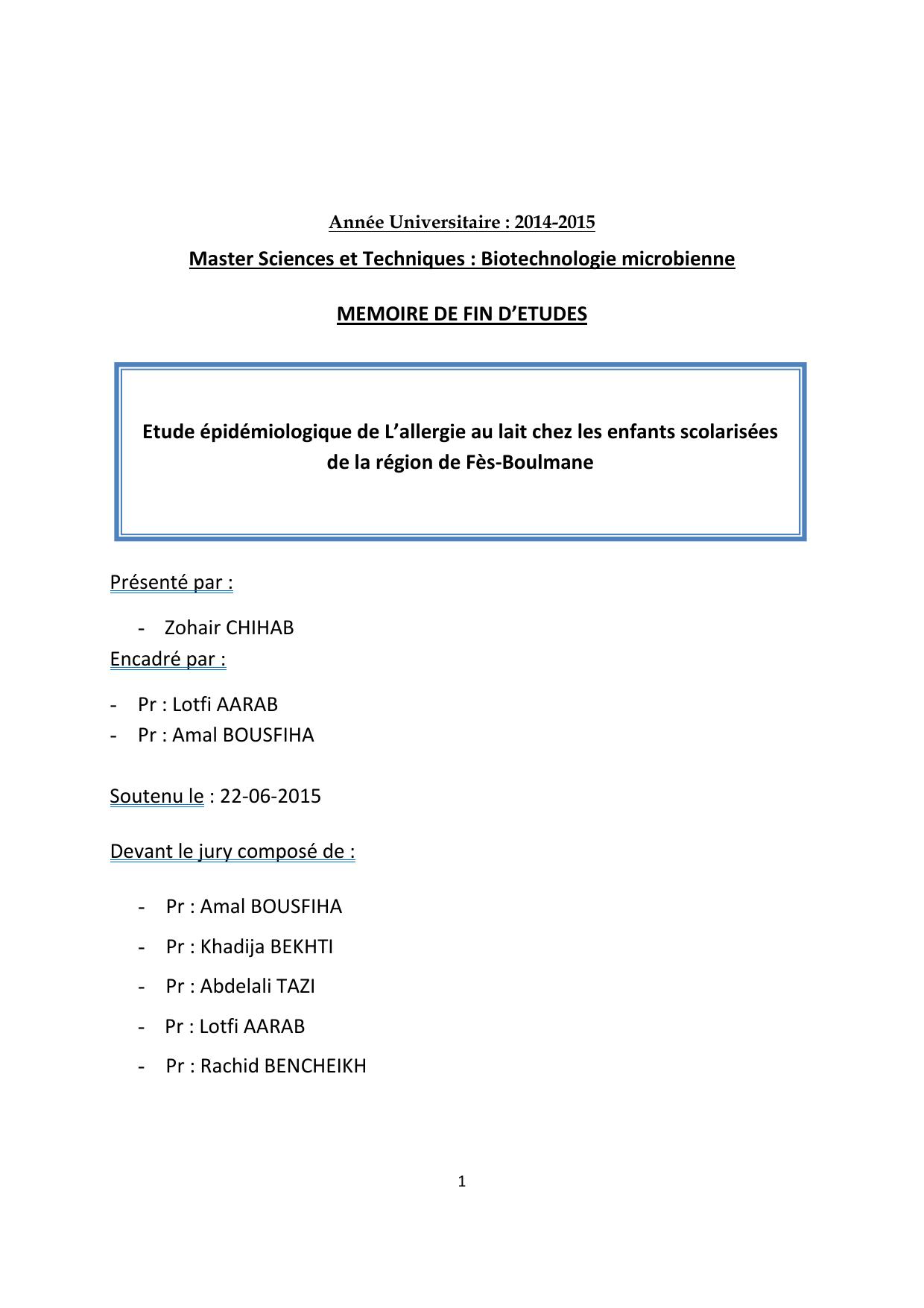 Etude épidémiologique de L’allergie au lait chez les enfants scolarisées de la région de Fès-Boulmane