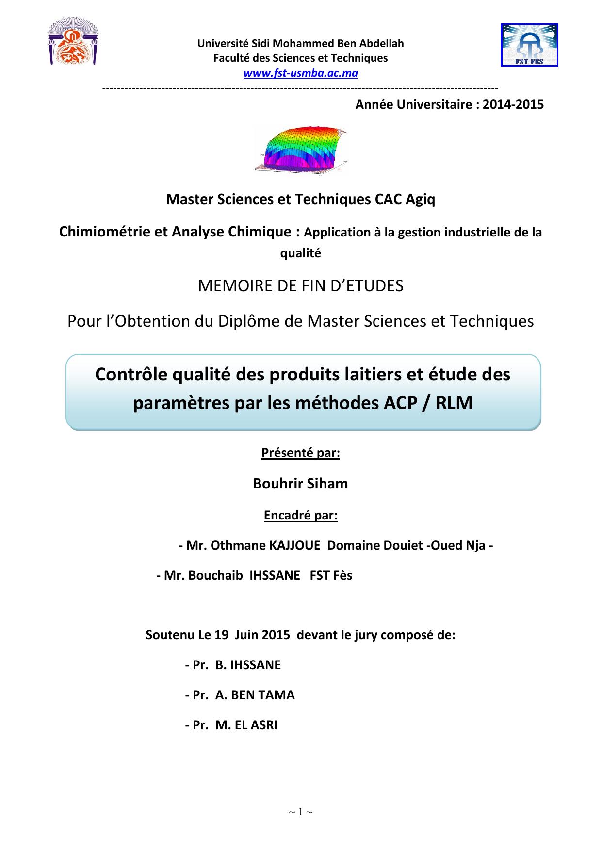 Contrôle qualité des produits laitiers et étude des paramètres par les méthodes ACP / RLM