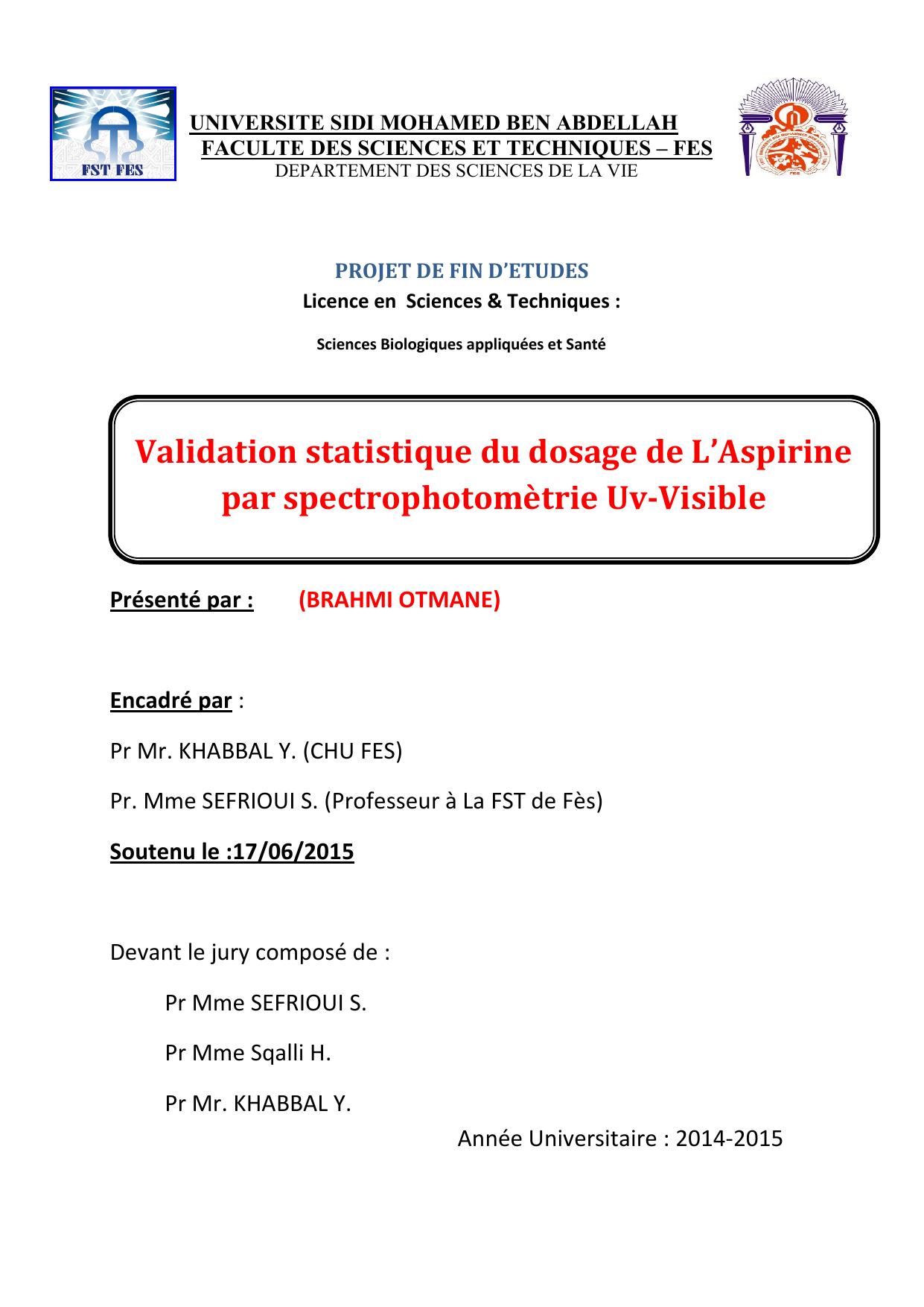 Validation statistique du dosage de L’Aspirine par spectrophotomètrie Uv-Visible